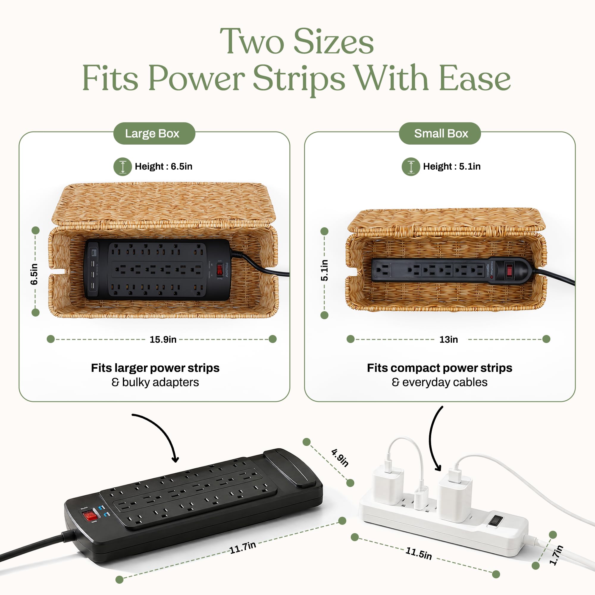 Caja de gestión de cables, organizador de cables de ratán hecho a mano con 2 ranuras abiertas, ocultador de cables para regleta de alimentación, enrutador y concentrador USB, patente registrada de