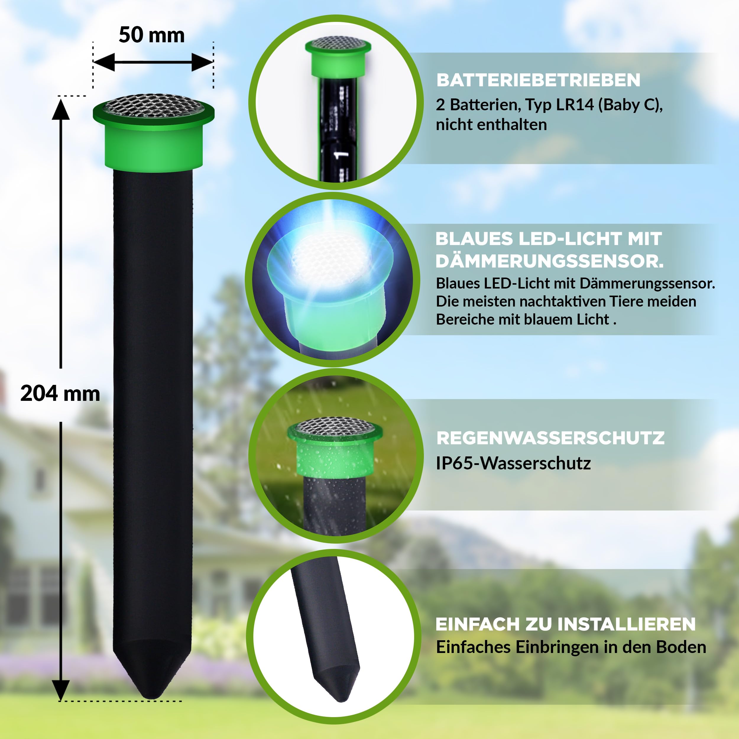 ISOTRONIC® Maulwurf Vertreiber Wühlmausschreck 4er Pack | Tradition seit 1979 | Maulwurfschreck wasserdicht IP65 | Plus blaues Licht gegen Wildtiere