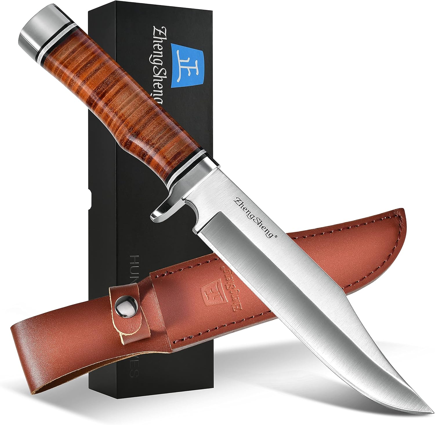 5.8" Fixed Blade Hunting Knife- Genuine Leather Handle Bowie Knives with Sheath Straight Edge for Camping, Hiking, Survival