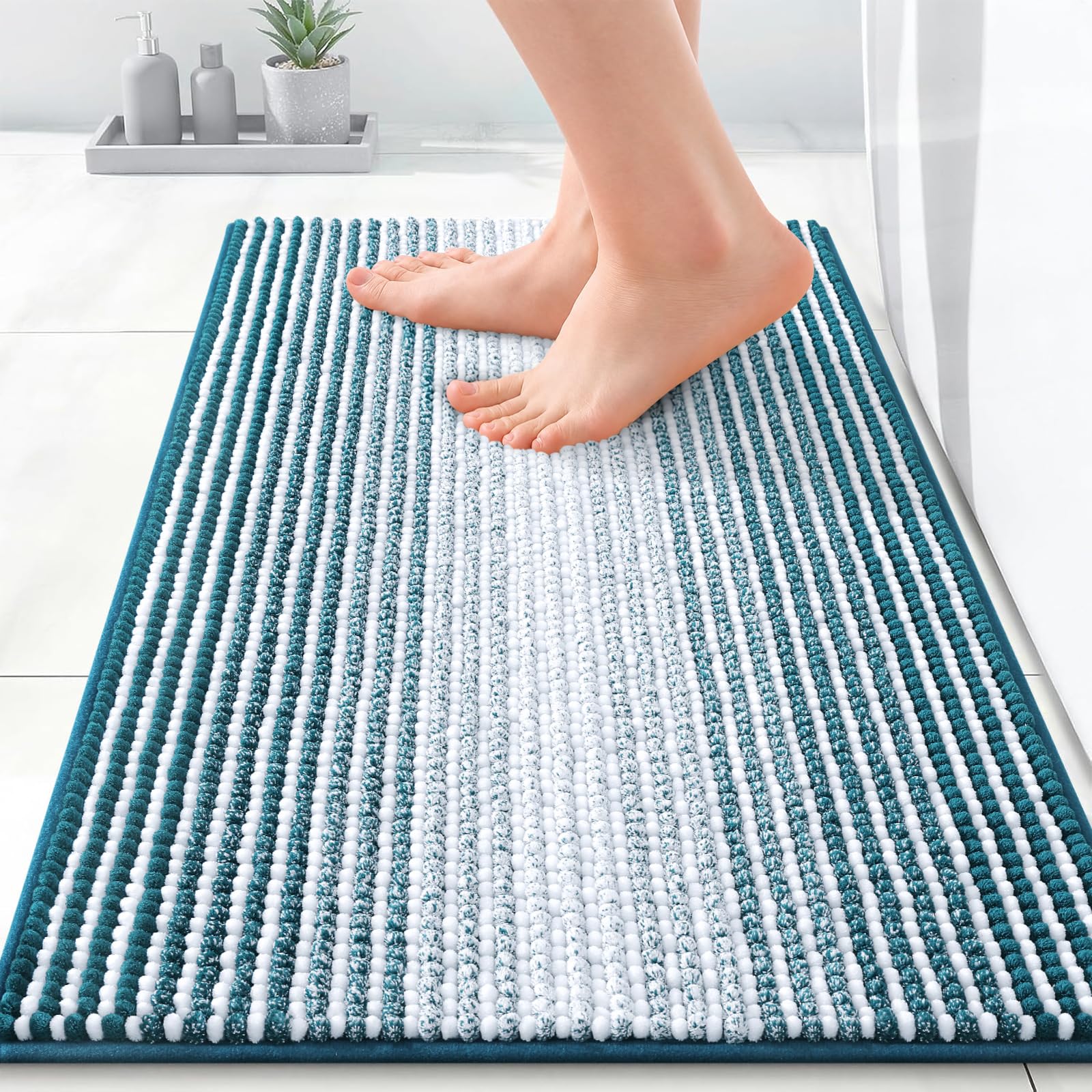 OLANLY Small Bathroom Rugs 24x16, Chenille Striped Bath Rugs, Peacock Blue
