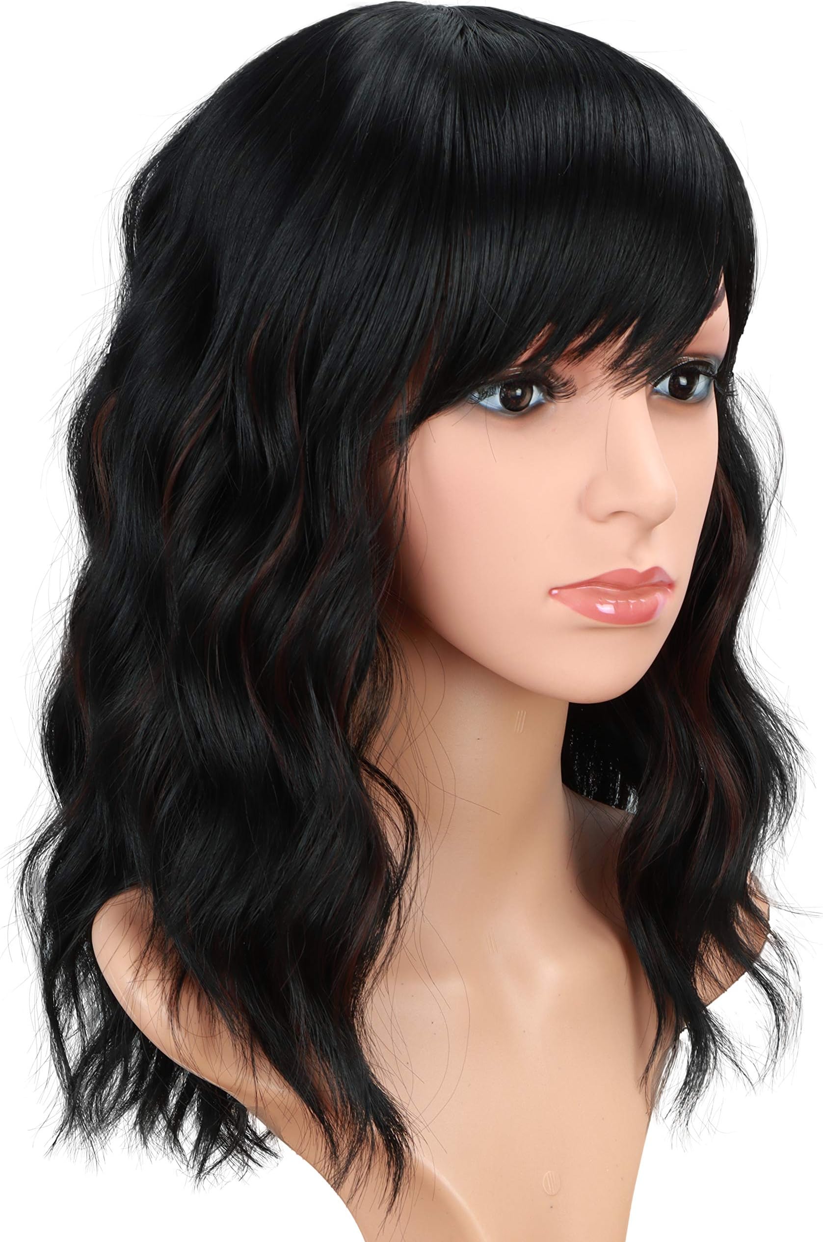 Fashion Short wavy wigs for black women Black Mix Brown Curly Hair Wigs With Bangs None Lace Synthetic Full Wigs Heat Resistant Cosplay Party Custom Wigs(Black Mix Brown) …