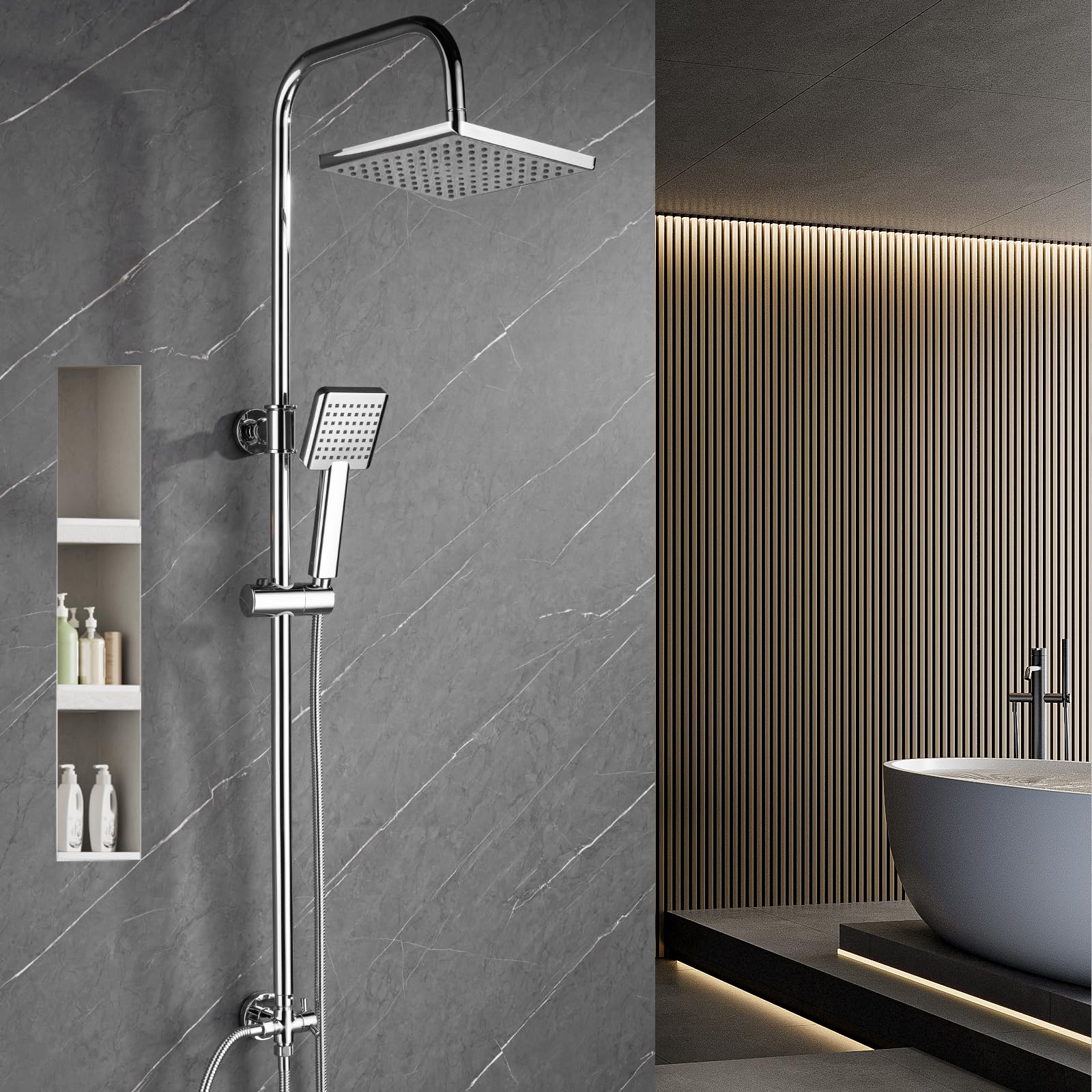 Ronvie Adjustable Shower Riser Rail Kit with 8" Square Rainfall Shower Head & Handheld Spray, Dual-Function Brass Diverter Valve, Height/Angle Adjustable Anti-Leak System for Modern Bathrooms — image 1