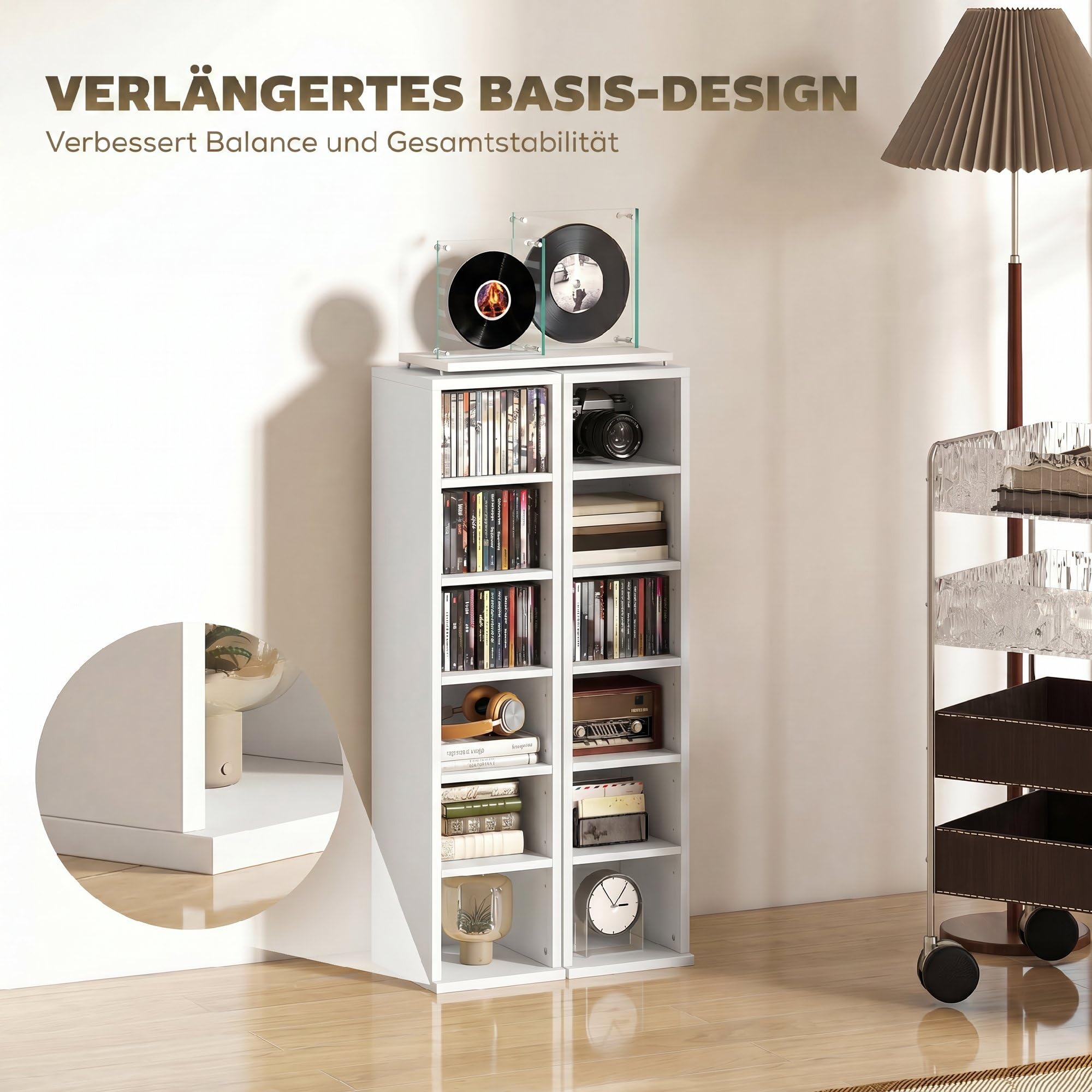 HOMCOM CD-, DVD- und Blu-ray-Regal 2er Set Stapelbar 21x22,5x88,5 cm Weiß | CD-Regal, Standregal mit 5 Verstellbaren Einlegeböden, Medienregal, Dekoregal Aufbewahrung
