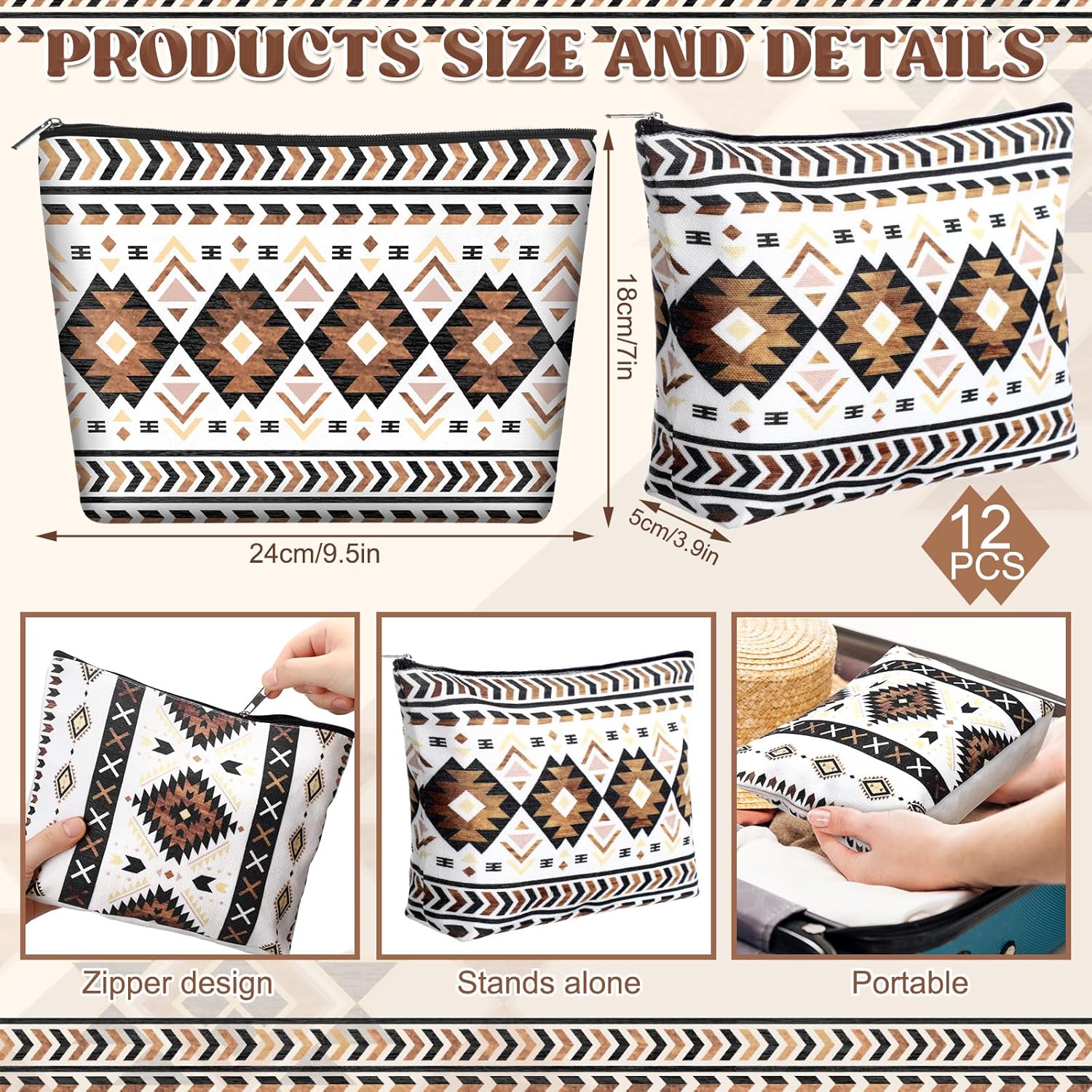 Reginary 12 Pcs Aztec Cosmetic Bags Cowgirl Makeup Bag Western Gifts for Women Travel Toiletry Case Cosmetics Organizer for Women Brushes Toiletry Jewelry Accessories - Image 2