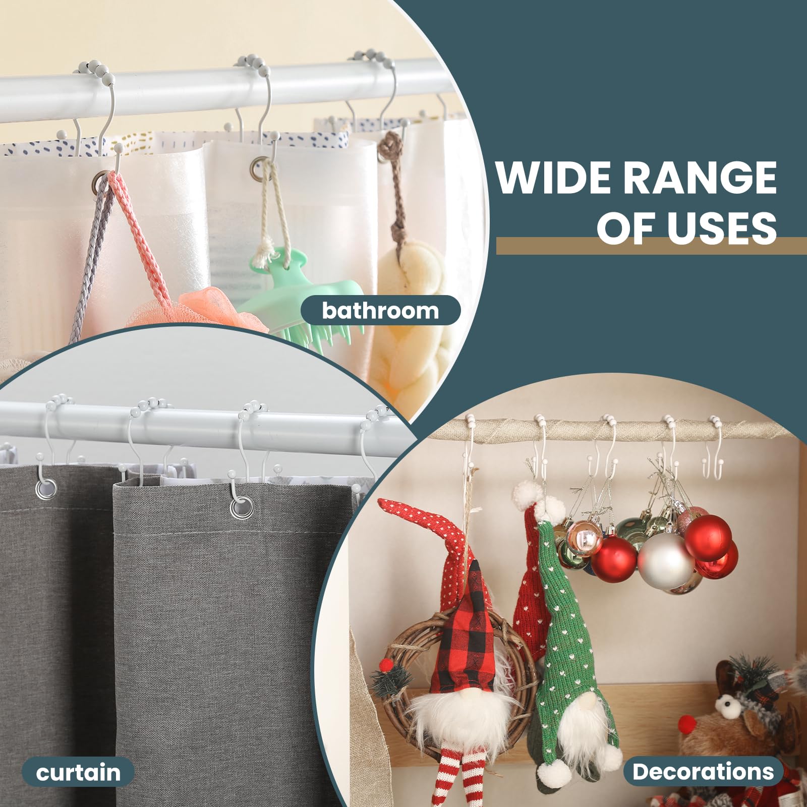 OEH – Lot de 12 crochets de rideau de douche en métal antirouille, anneaux de rideau de douche en métal antirouille, crochets doubles pour rideau de douche, blanc