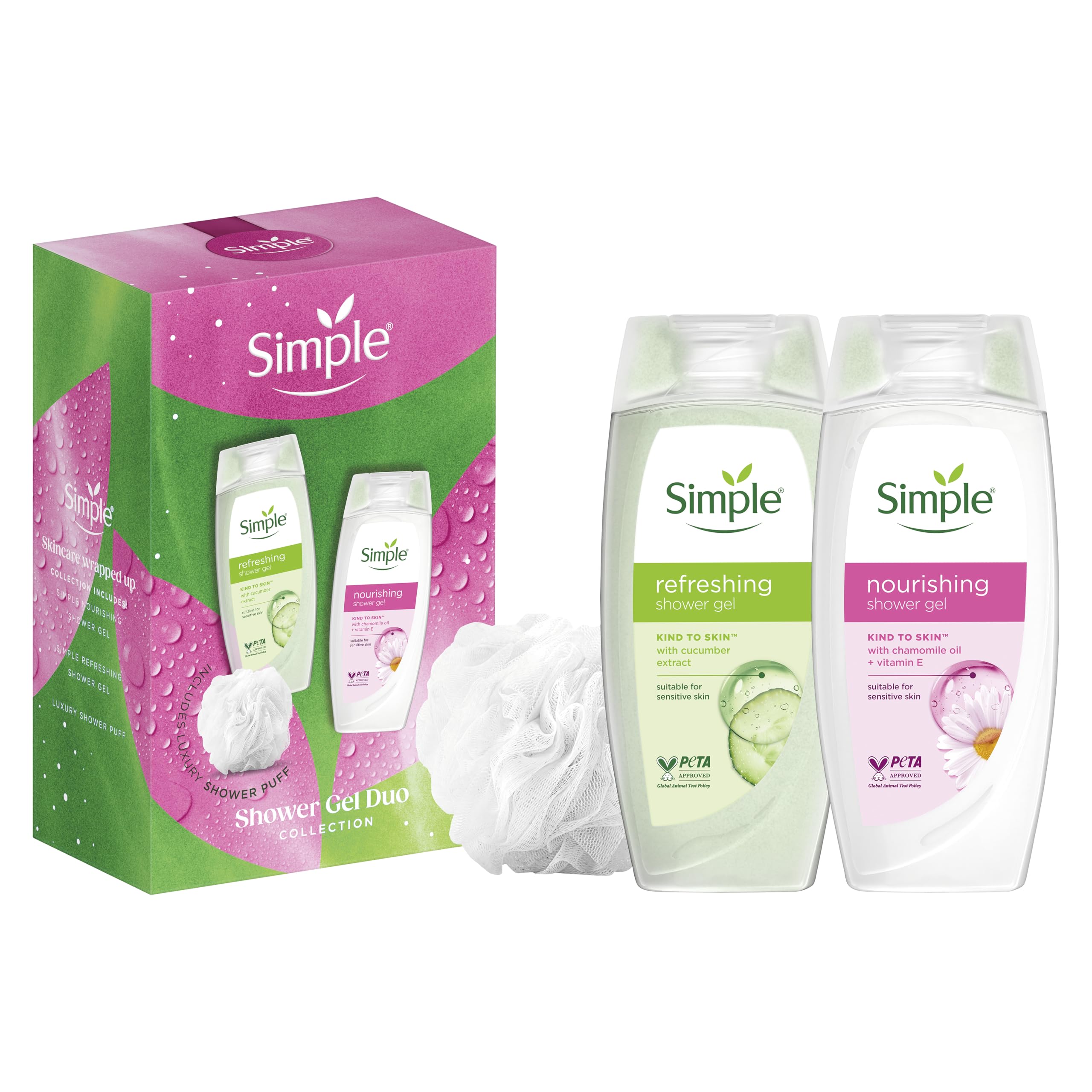 Simple Shower Gel Duo Collection Gift Set with two shower gels and a luxury shower puff perfect gifts for her 2 piece - Image 2
