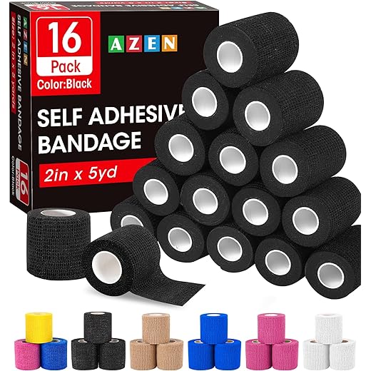 AZEN 16 Pack Self Adhesive Bandage Wrap Black, 2" X 5 Yards Black Athletic Tape, Vet Wrap, Tattoo Grip Tape Wrap,Ankle Tape, Cohesive Bandage Wrap