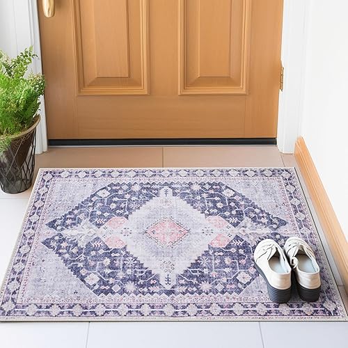 Miniatura 5 de Alfombra de área de 2 x 3, lavable a máquina, diseño de medallón vintage ultrafino con parte trasera antideslizante para entrada frontal interior,