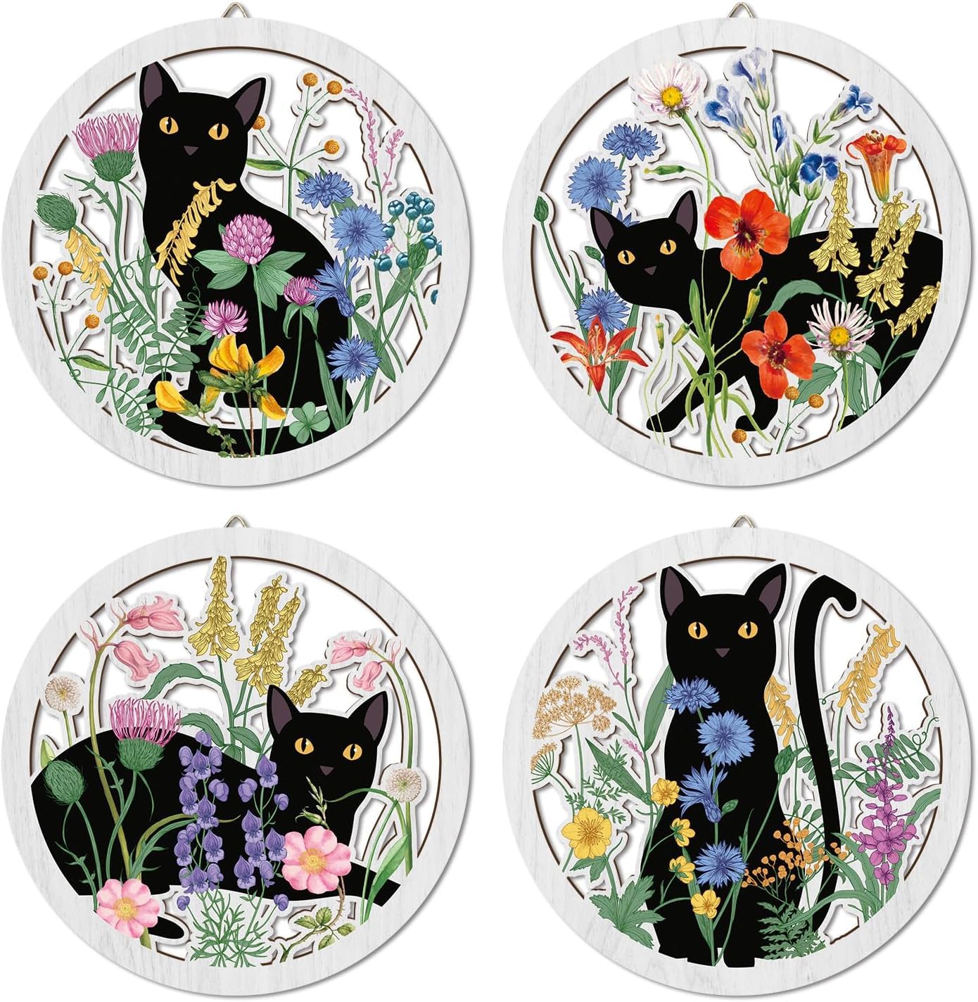 TOARTi 4PCS XL Black Cat Wall Art Decor Bohemian Flower Hanging Sign Floral Hanging Art Wall Decor for Farmhouse Bedroom Living Room Office,11x11inch