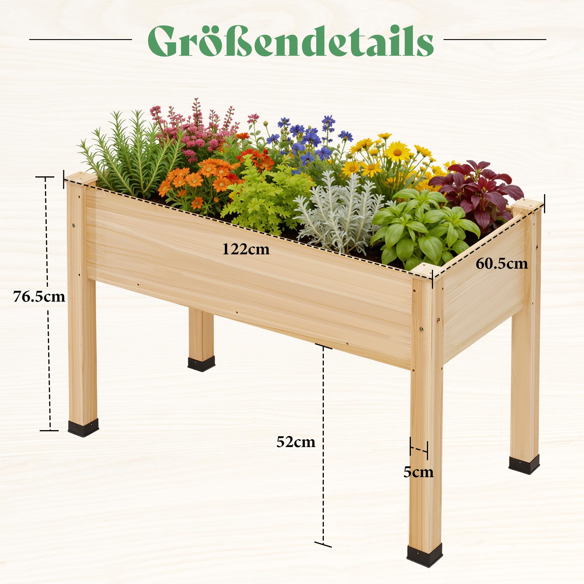 LUXOAK 122x61x77 cm Tannenholz Hochbeet mit Beinen, 110L, Hellholz | Effiziente Drainage, Schutzfolie, Robuste Holzkonstruktion, Komfortable Höhe, Für Balkon & Terrasse