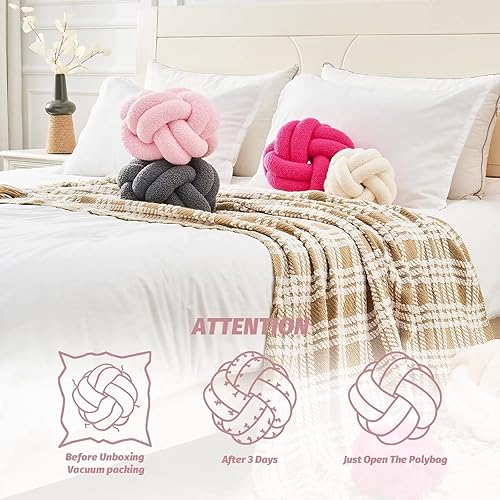 Miniatura 4 de Uvvyui Bola de almohada de nudo, almohadas anudadas para decoración del hogar de color rosa suave, almohada redonda de felpa hecha a mano, almohadas