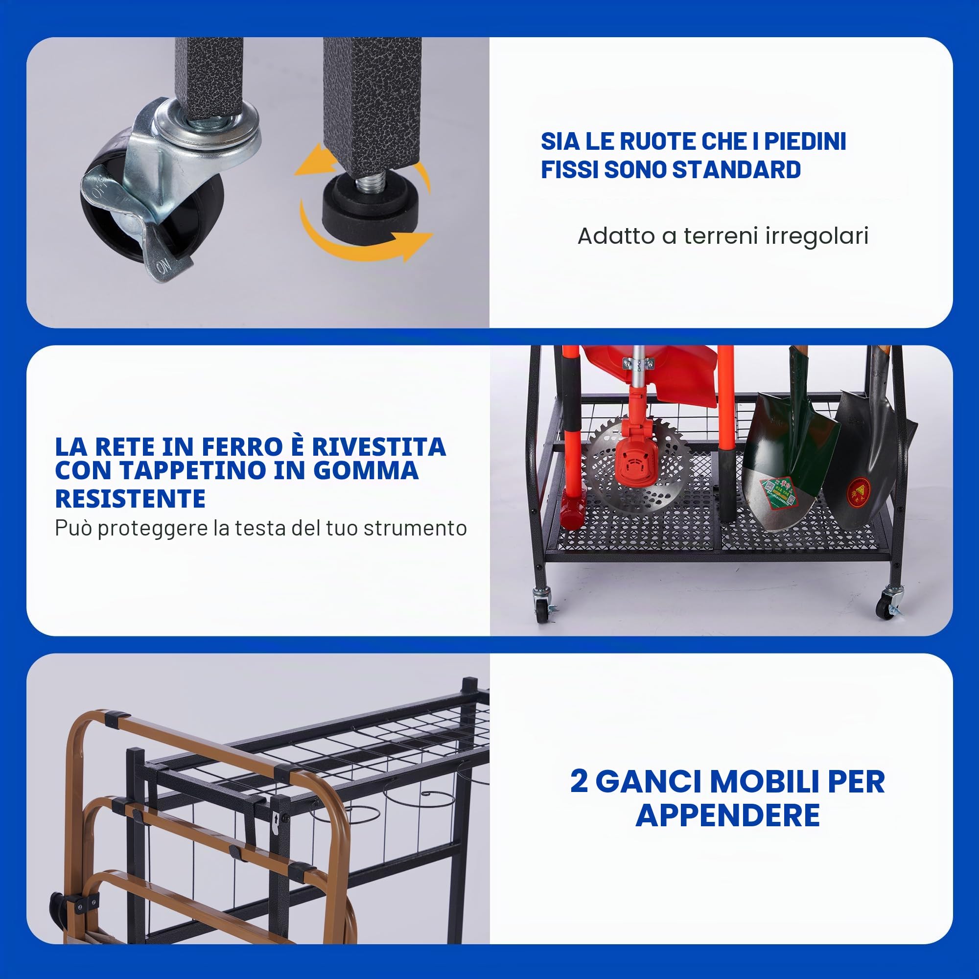 Sinoer Scaffale per attrezzi da giardino con ganci e ruote, organizer per garage, ripiani in metallo a 3 livelli, supporto per prato, capannone e cortile