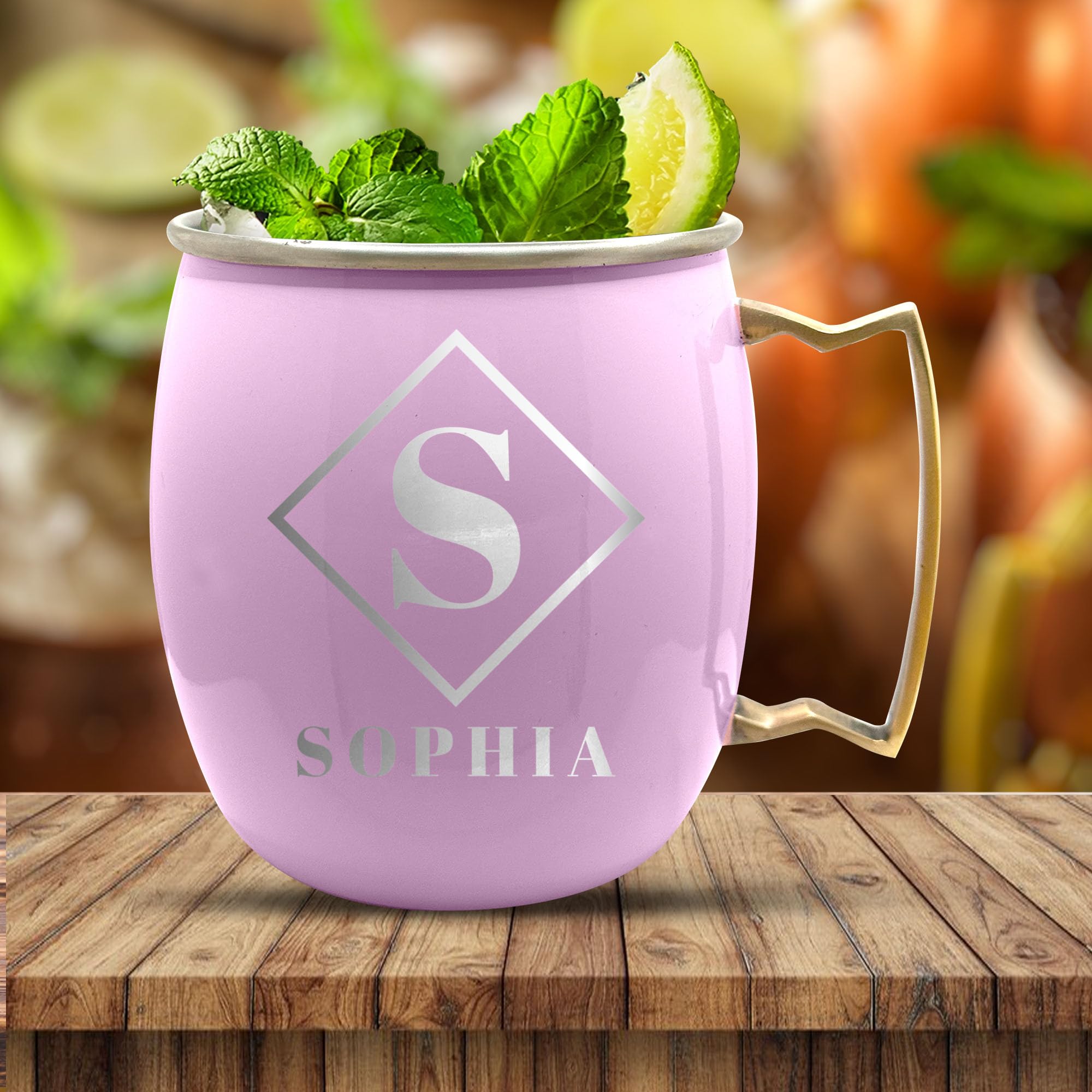 Personalized Custom Pink Mug Smooth Finish Moscow Mule with Brass Handle | Diamond Monogram Engraved Bar Style Cup, 18 oz | Single