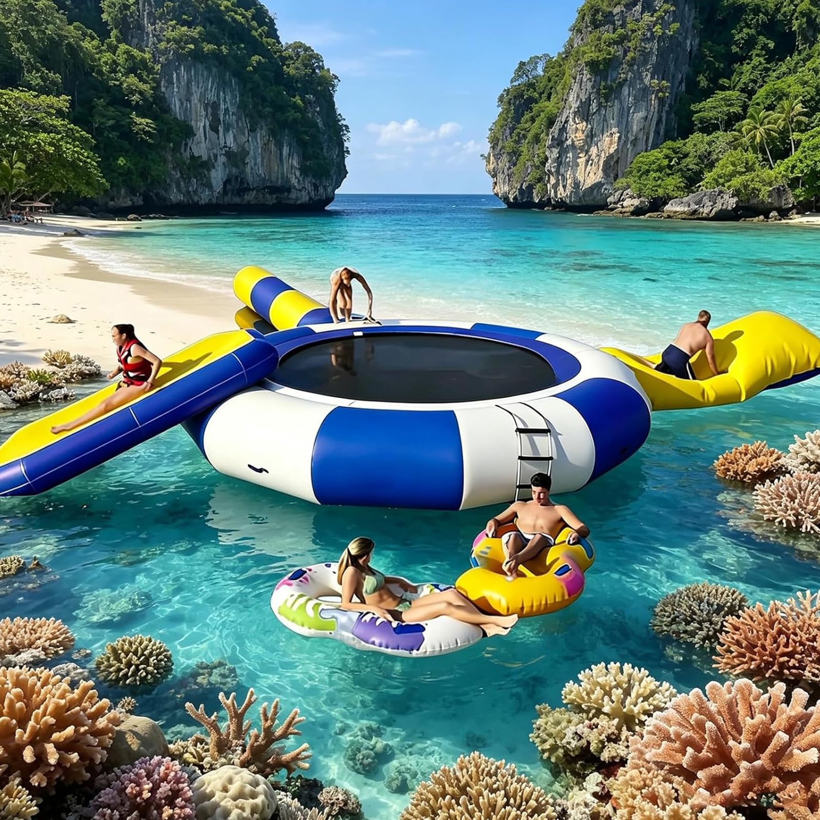 NSACMD ,10FT,10Ft Reinforced Inflatable Water Trampoline with Slide – Stable, Durable Floating Bouncer for Lake & Calm Water