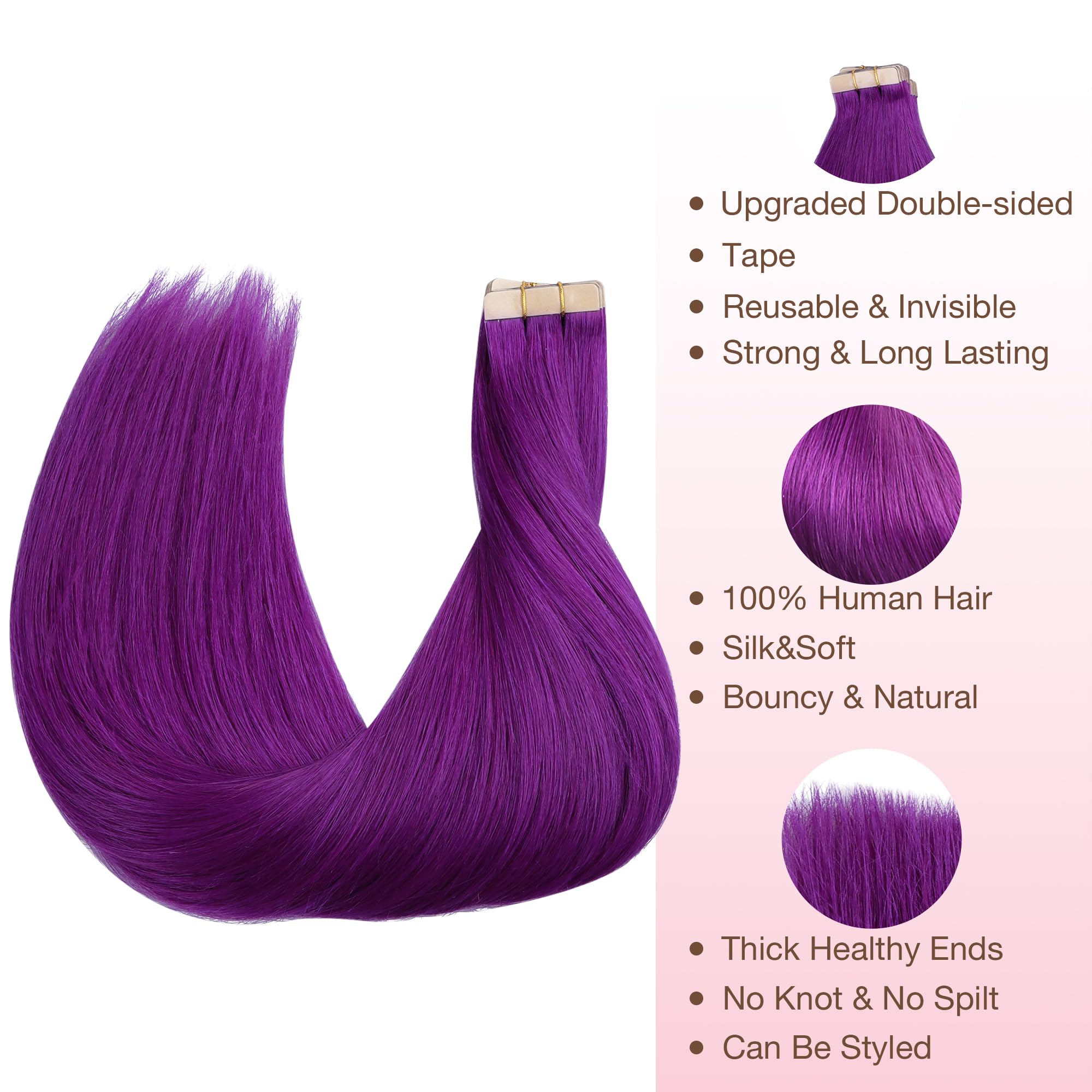 GOO GOO Tape in Hair Extensions Human Hair, Purple 10pcs 30g 22inch, Colored Tape ins Human Hair Extensions - Image 2