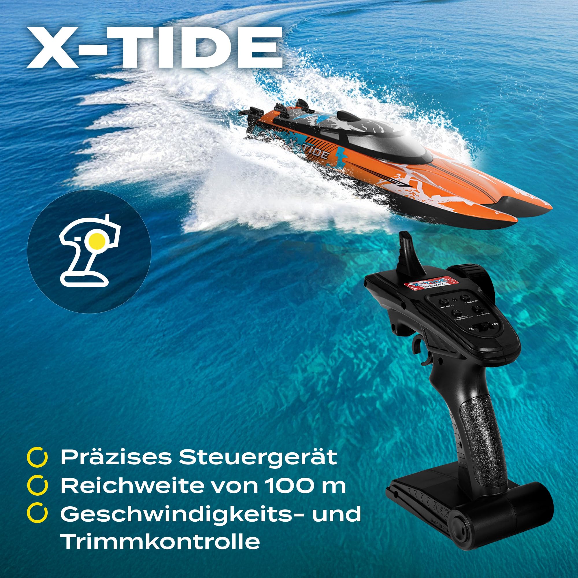 Overmax X-Tide Ferngesteuertes RC-Speedboat Rennboot mit LED 25 km/h 1200 | mAh Akkus 34 Minuten Spaß Geschwindigkeitsregulierung Reichweite bis zu 100 m, Schwimmbad- und Seespielzeug