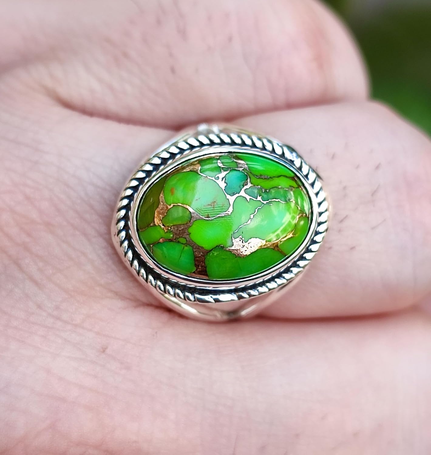 Navya Craft Green Copper Turquoise Ring, 925 Sterling Silver Statement Promise Ring for Women, Natural Turquoise Oval Gemstone Handmade Boho Jewelry, December Birthstone Gift