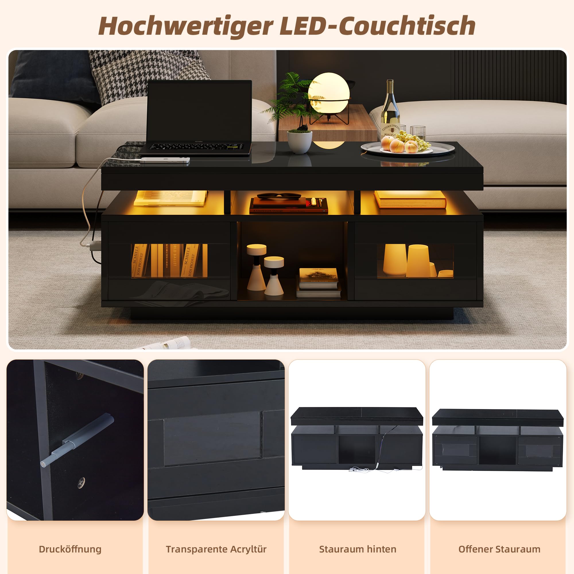 Merax Couchtisch Schwarz, Wohnzimmertisch Hochglanz mit LED Beleuchtung, Beistelltisch Kaffeetisch mit Schrank & Offene Staufächer, Sofatisch mit Ladeanschluss, Rechteckiger Mitteltisch, 100×50×43cm