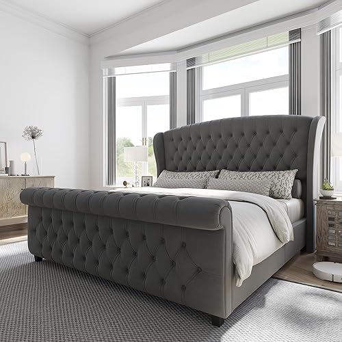 Miniatura 13 de AMERLIFE - Marco de cama tamaño King con plataforma, cama de estilo trineador tapizada en terciopelo con cabecero y pie de cama con alas onduladas y