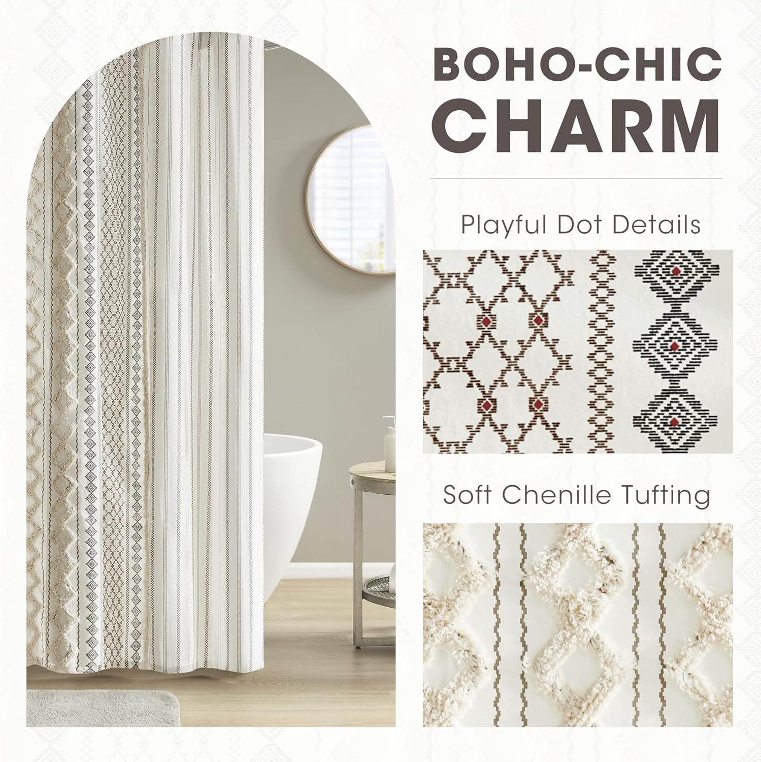 INK+IVY Imani Tufted Chenille 100% Cotton Shower Curtains Machine Washable, Modern Home Bathroom Décor Bathtub Privacy Screen, 72" x 72", Ivory