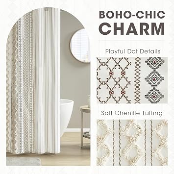 INK+IVY Imani Püsküllü Şönil%100 Pamuk Duş Perdeleri Makinede Yıkanabilir, Modern Ev Banyo Dekoru Küvet Gizlilik Ekranı, 182 cm x 183 cm, Fildişi | Makinede Yıkanabilir, Boho Tepeli Şönil Modern Ev Banyo Dekoru, Küvet Gizlilik Ekranı, OEKO-TEX Sertifikalı