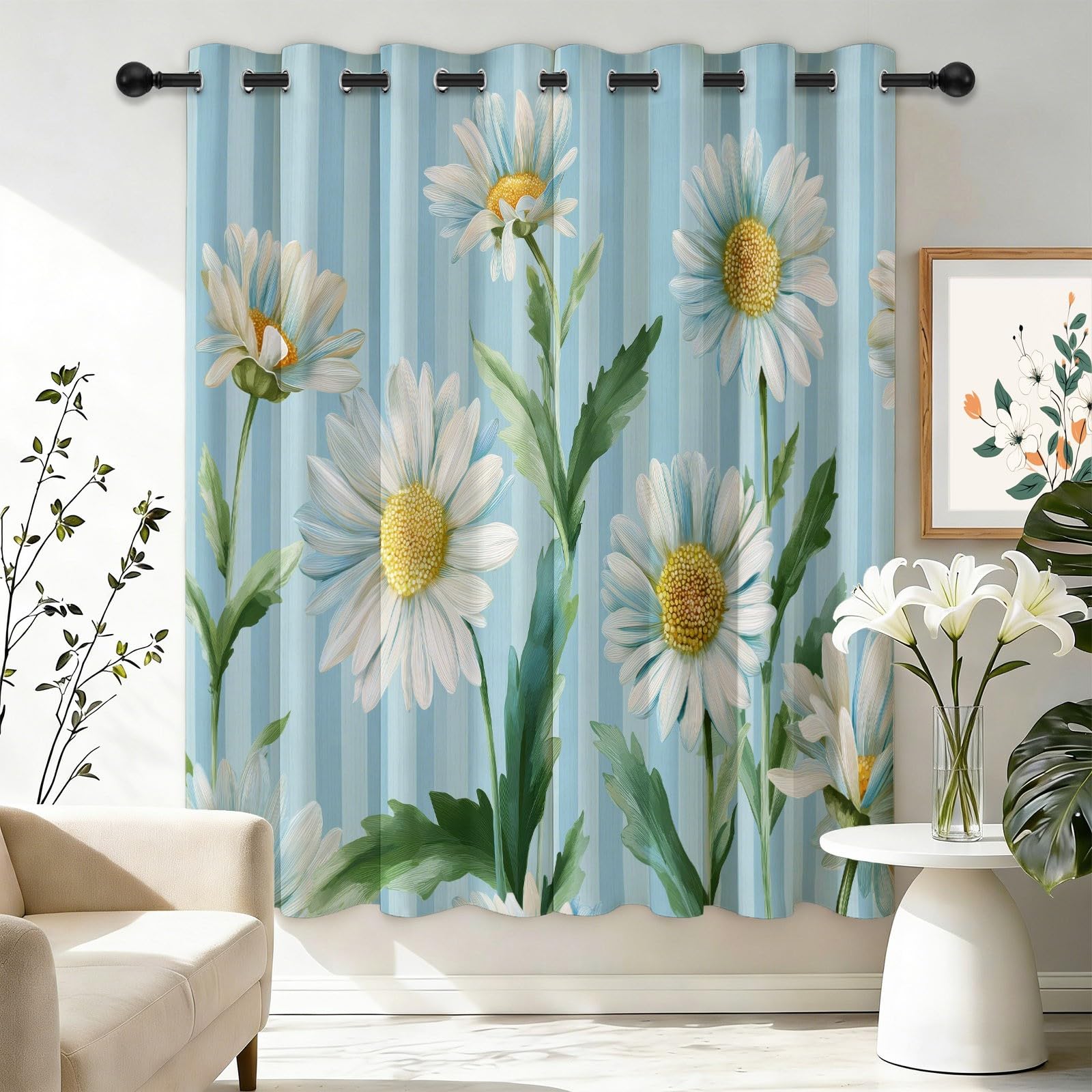 Verdunkelungsvorhänge B75 x H166 cm 2 Paneele, Geräuschreduzierung & Wärmeisolierung Klassisch Gestreift Elegant Floral Gänseblümchen Vorhänge Blickdicht für Schlafzimmer Wohnzimmer Kinderzimmer, Blau