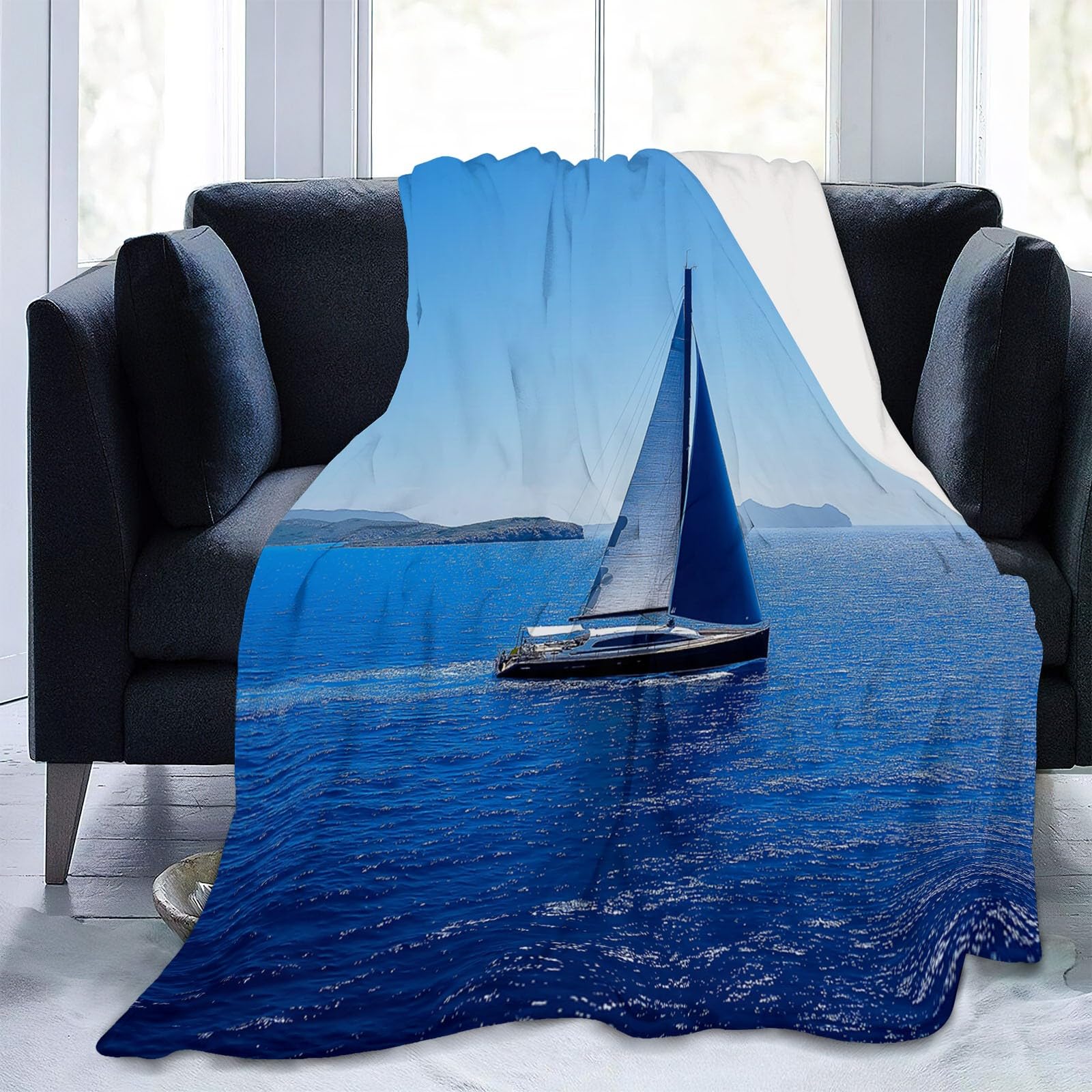 Koc do wtulania się, flanelowy, koc polarowy, 200 x 220 cm, nowoczesny design łodzi żaglowej, niebieski koc do mieszkania dla dzieci, chłopców, dziewczynek, do domu, salonu, dekoracja na kanapę
