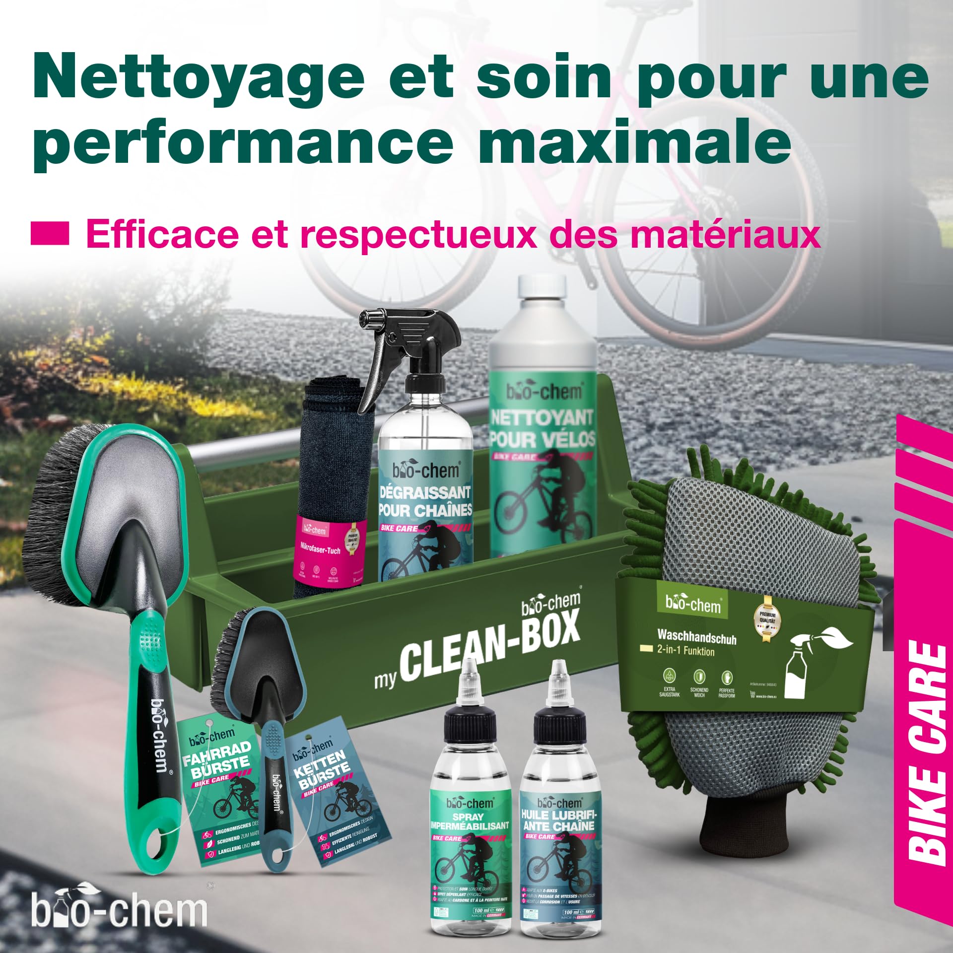 bio-chem Kit 9 produits d'entretien et nettoyage vélo, vtt + accessoires | Produits nettoyants d'entretien du cadre velo route, chaine vtt - Accessoires inclus - Boite de rangement incluse