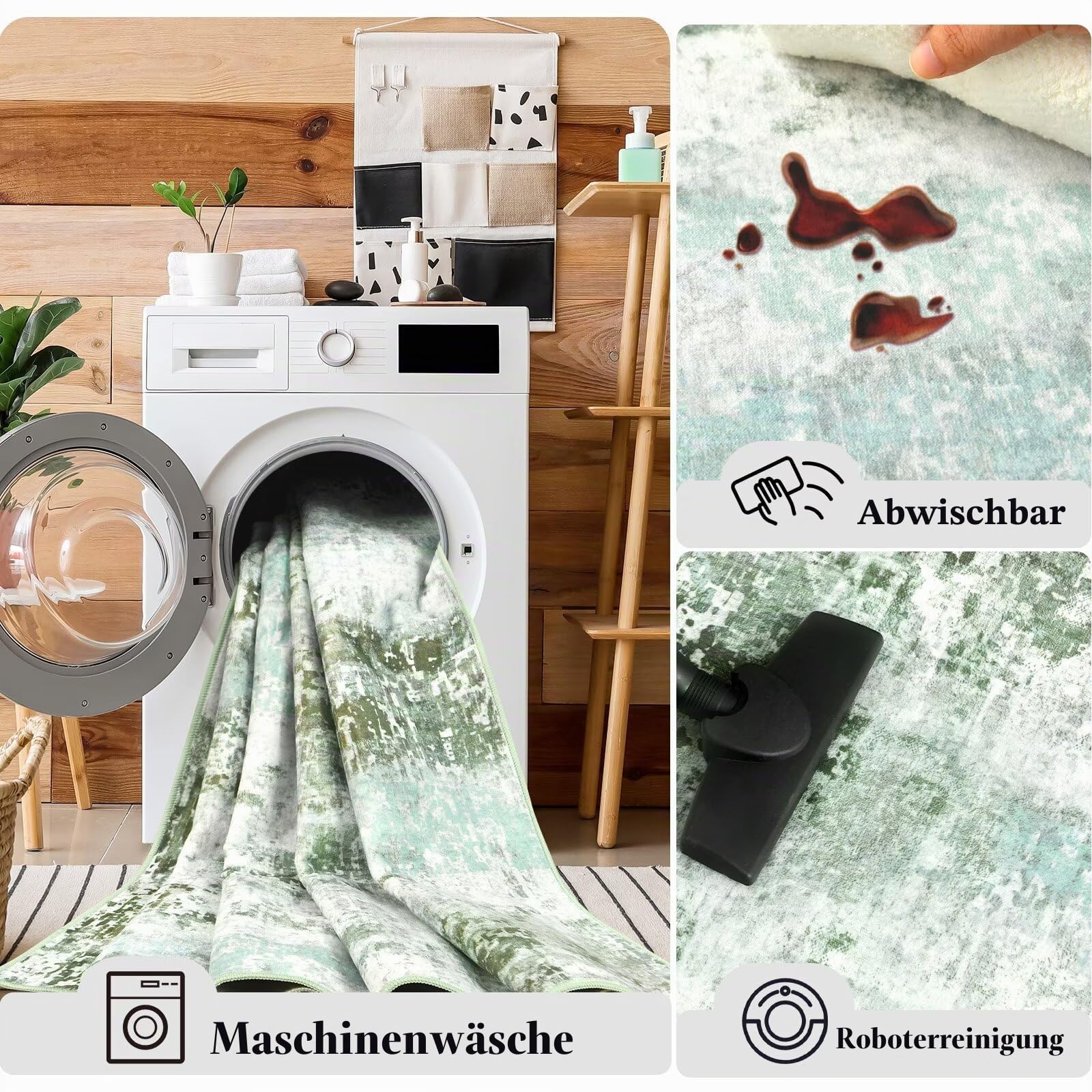 Macgace Moderner abstrakter Teppich für Wohnzimmer, 120 x 150 cm, maschinenwaschbar, mit rutschfester Unterseite für Schlafzimmer, weicher Bodenbelag, moderner Teppich für Esszimmer, Heimbüro, Grün
