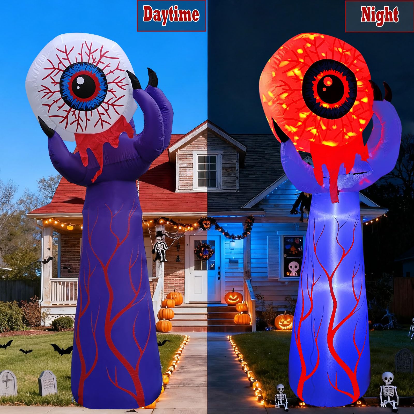 Halloween nadmuchiwane fioletowe dłoń potwora z krwawą gałką oczną - płomień LED, dekoracja na podwórko, upiorne dmuchanie na rekwizyty na imprezę nawiedzonego domu, dekoracja na Halloween