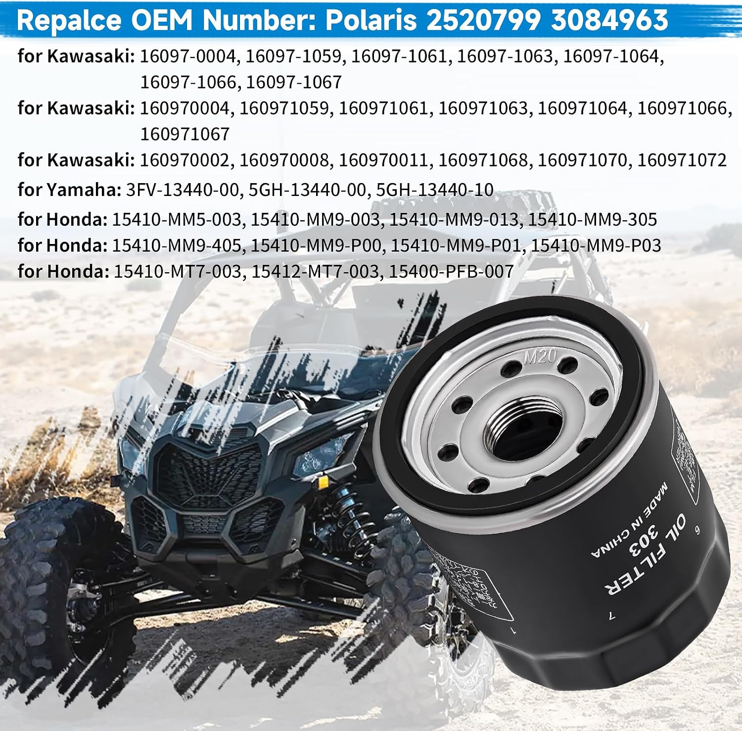 16097-0008 303 Oil Filter for Kawasaki Ninja 300 400 500 650 ZX-4R 6R 10R Vulcan 900 1500 1700 2000 800 650 500 Versys 650 X300 1000, W800, Prairie 300 360 400 Bayou 400 Z900 Z1000 Z800 Z750 2pcs