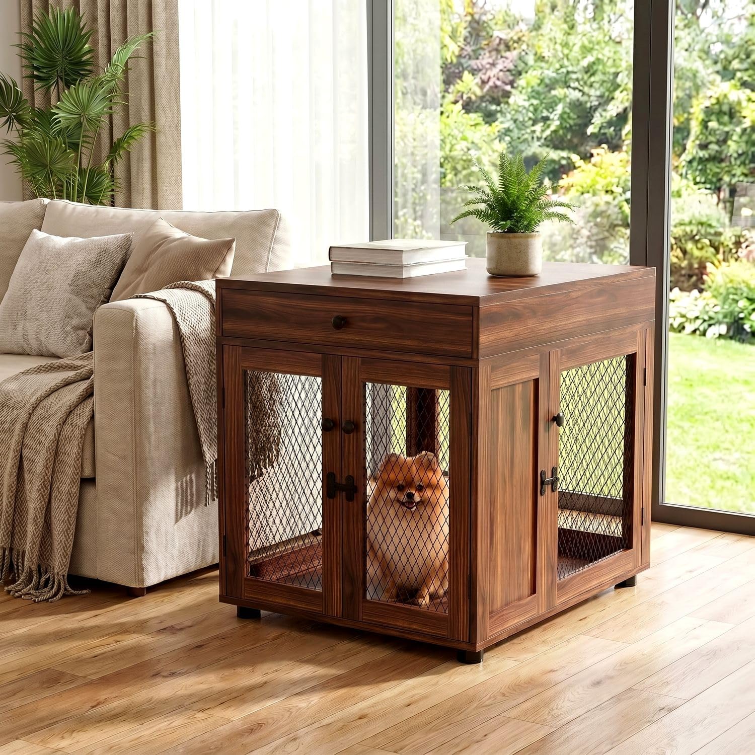 VOWNER Mobili per Cuccia per Cani, Gabbia in Legno a 3 Ante con Cassetto, Cuccia Moderna con Tavolino, 60 x 80 x 69 cm, per Cani di Piccola/Media Fno a 30 kg, Marrone Noce
