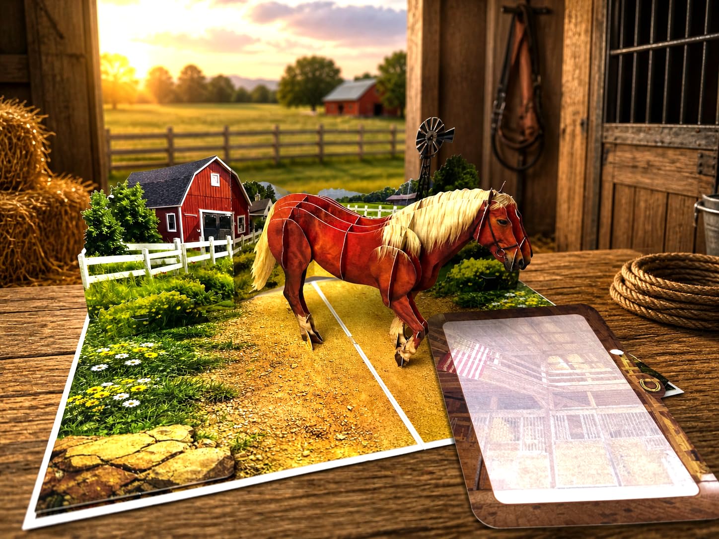 3D Pop Up Grußkarte - Pferde Bauernhof Szene mit Scheune & Landschaft - Handgefertigte Reitkarte zum Geburtstag, Vatertag, Pferdeliebhaber - Lasergeschnittene Ranch-Landschaft mit Umschlag