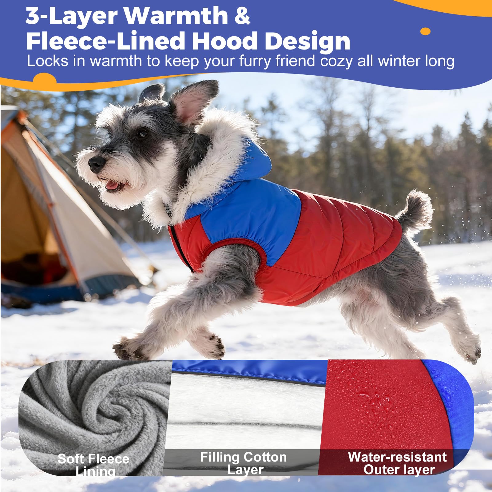 Cappotto invernale per cani con fodera in pile, giacca impermeabile per cani, calda tuta da neve (rosso e blu, S)