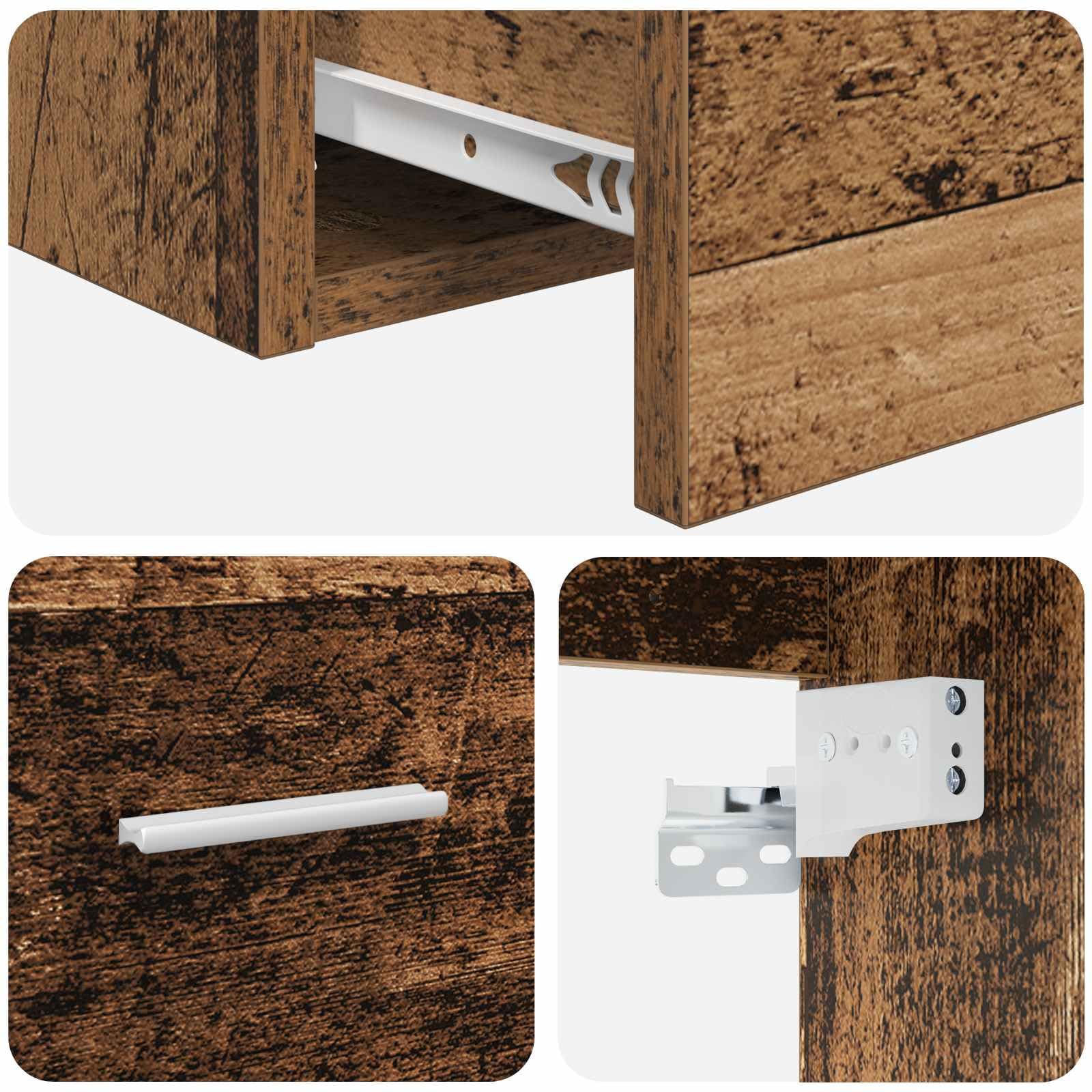 Lavabo montado en la pared con armario bajo madera envejecida, 49,5 x 44,5 x 65,5 cm, armario de baño colgante con 2 cajones para baño pequeño y aseo de invitados