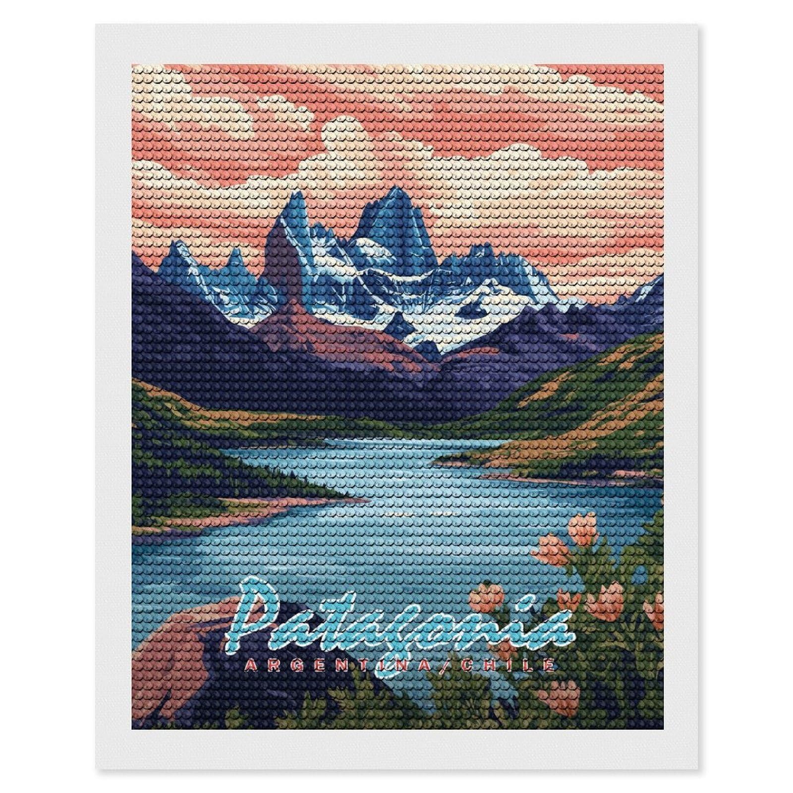 Junmoney Patagonia Landscape DIY Diamond Art Canvas Kit 16"x20", Relaxing DIY, Sparkling Crystal Beads, Vintage Style Decor, Holiday Gift Idea