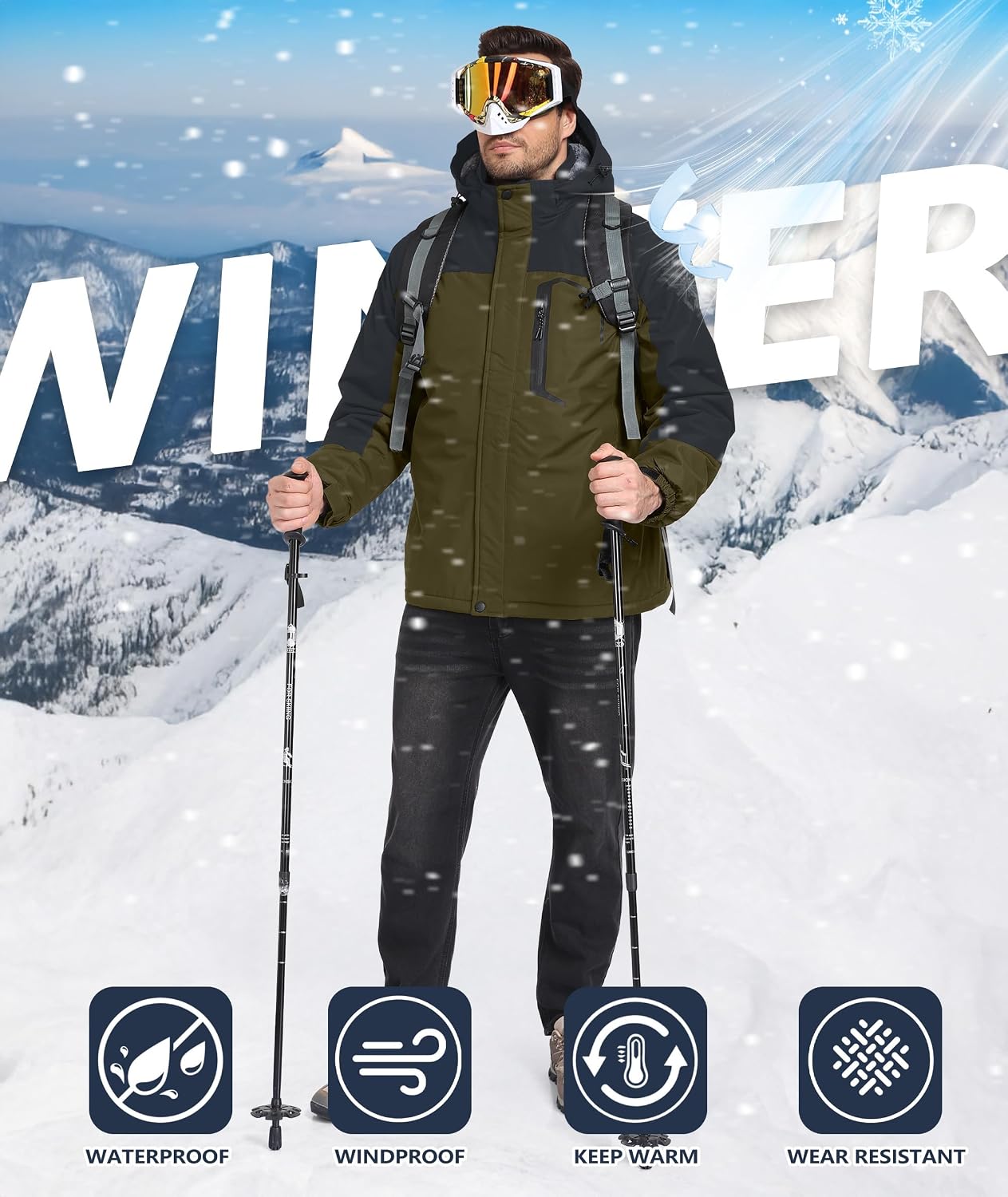 Mens Winter Jackets Waterproof Warm Fleece Ski Jacket with Hood Thermal Windproof Coat Zip Pockets