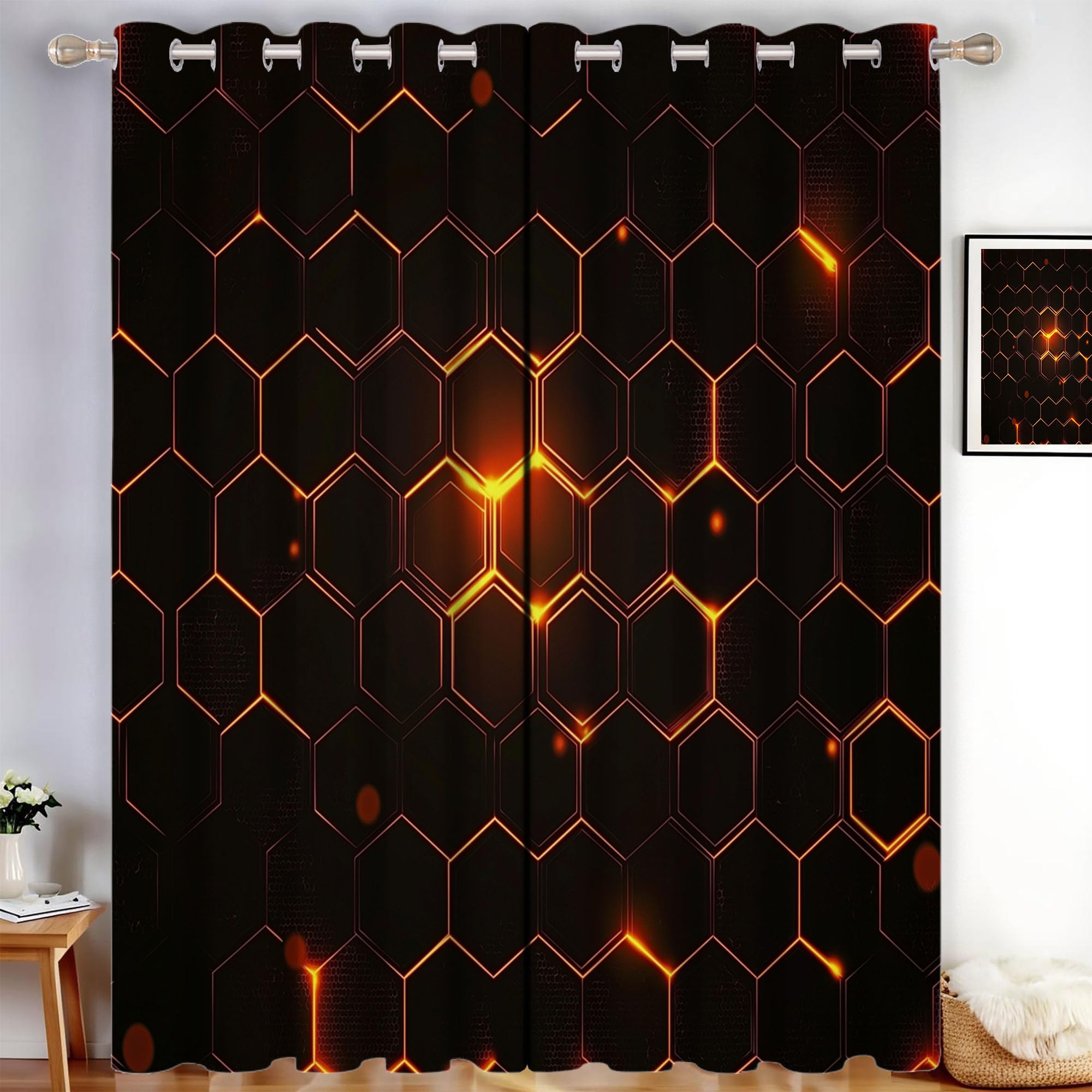 Rideau occultant isolant thermique à motif hexagonal or 140 x 260 cm pour chambre