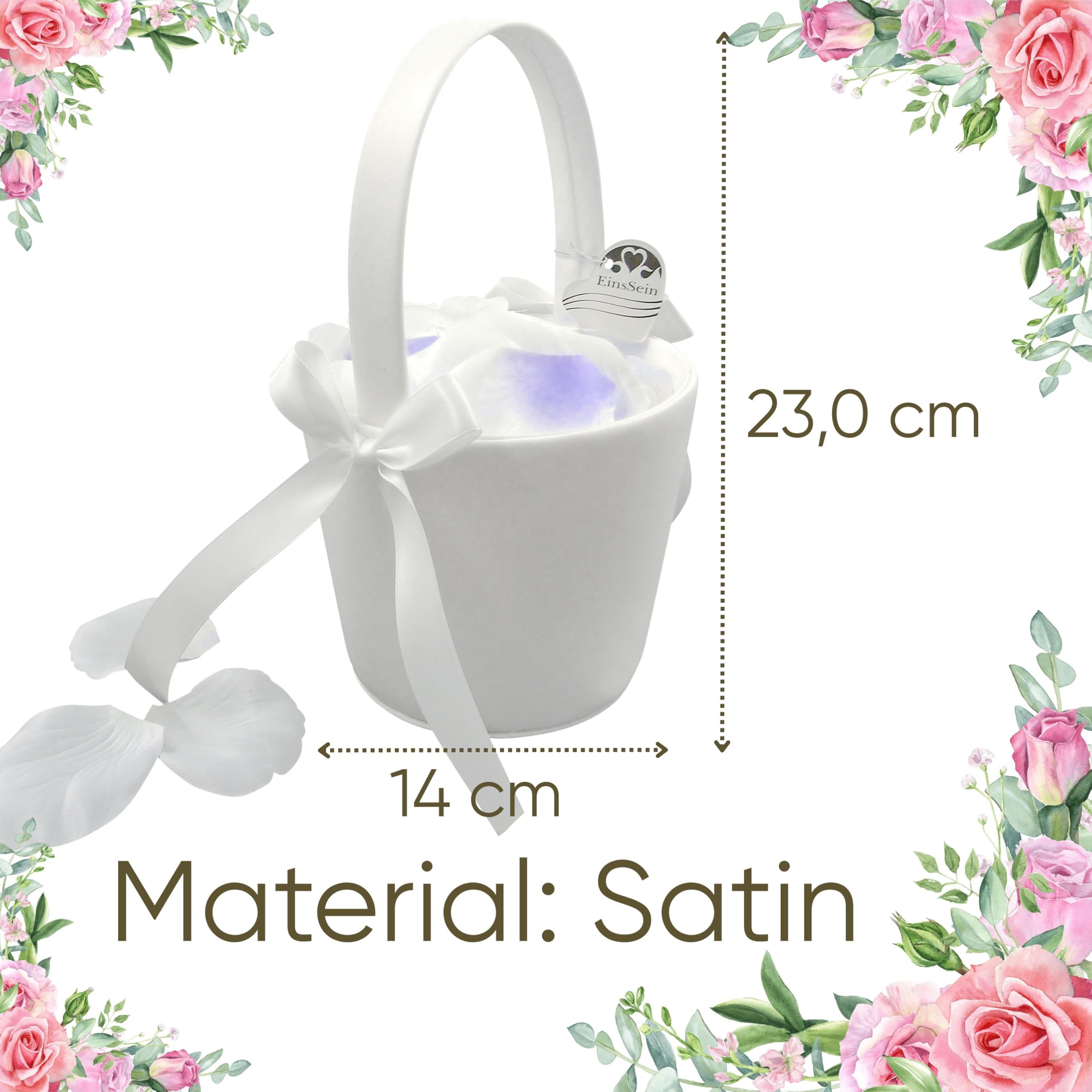 EinsSein Set 2 Cestini Matrimonio Anna Crema 17x26x13 cm | Cesti in Vimini con Manico e Raso | Porta Petali Fiori Confetti | Damigella Sposa Bambina Cuore Decorativo Elegante