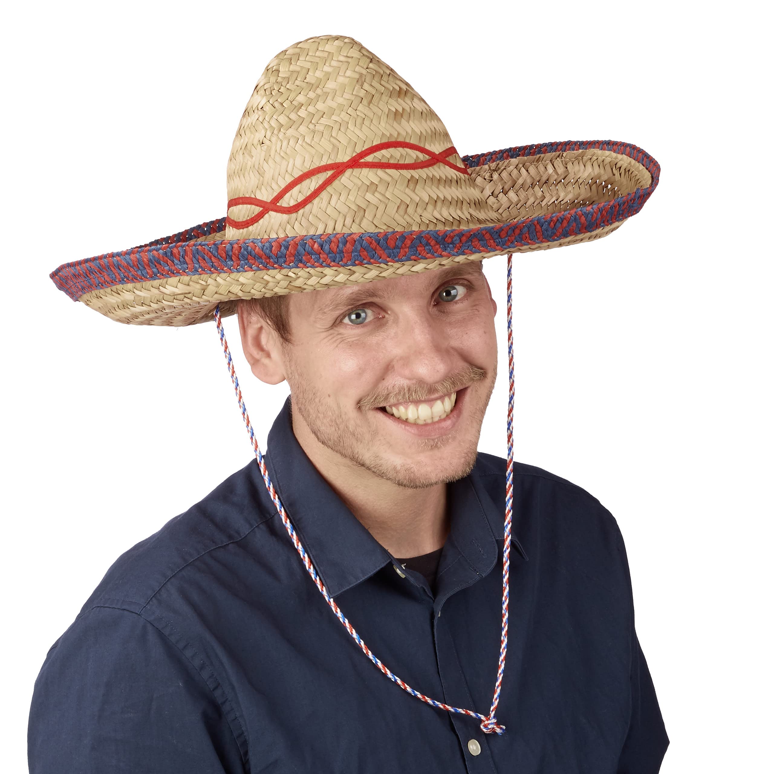 Relaxdays2 x Sombreros Mexicanos, Gorro Fiesta, Accesorio Disfraz Mejicano, Cinta para la Barbilla, Paja, 18 x 44 x 48 cm, Beige