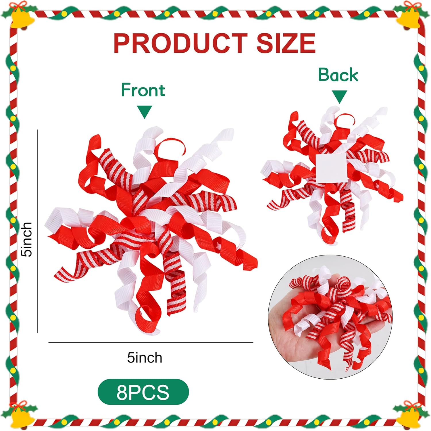 TONIFUL 8 Pack Red White Striped Curly Bows 4.5 Inch Christmas Bows Grosgrain Bows for Gift Wrapping, Treat Bags, Wine Bottle Decor, Weddings, Birthdays, Valentines & Holiday Decoration - Image 2