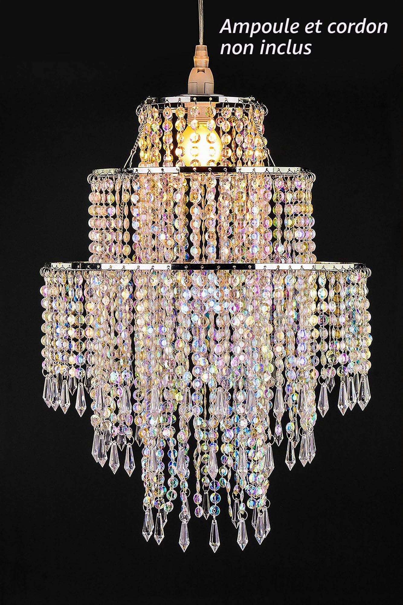 Waneway Pendentif chrome large 3 niveaux avec billes étincelantes, abat-jour chandelier de plafond avec gouttelettes bijoux en acrylique, diamètre 32 cm, claire