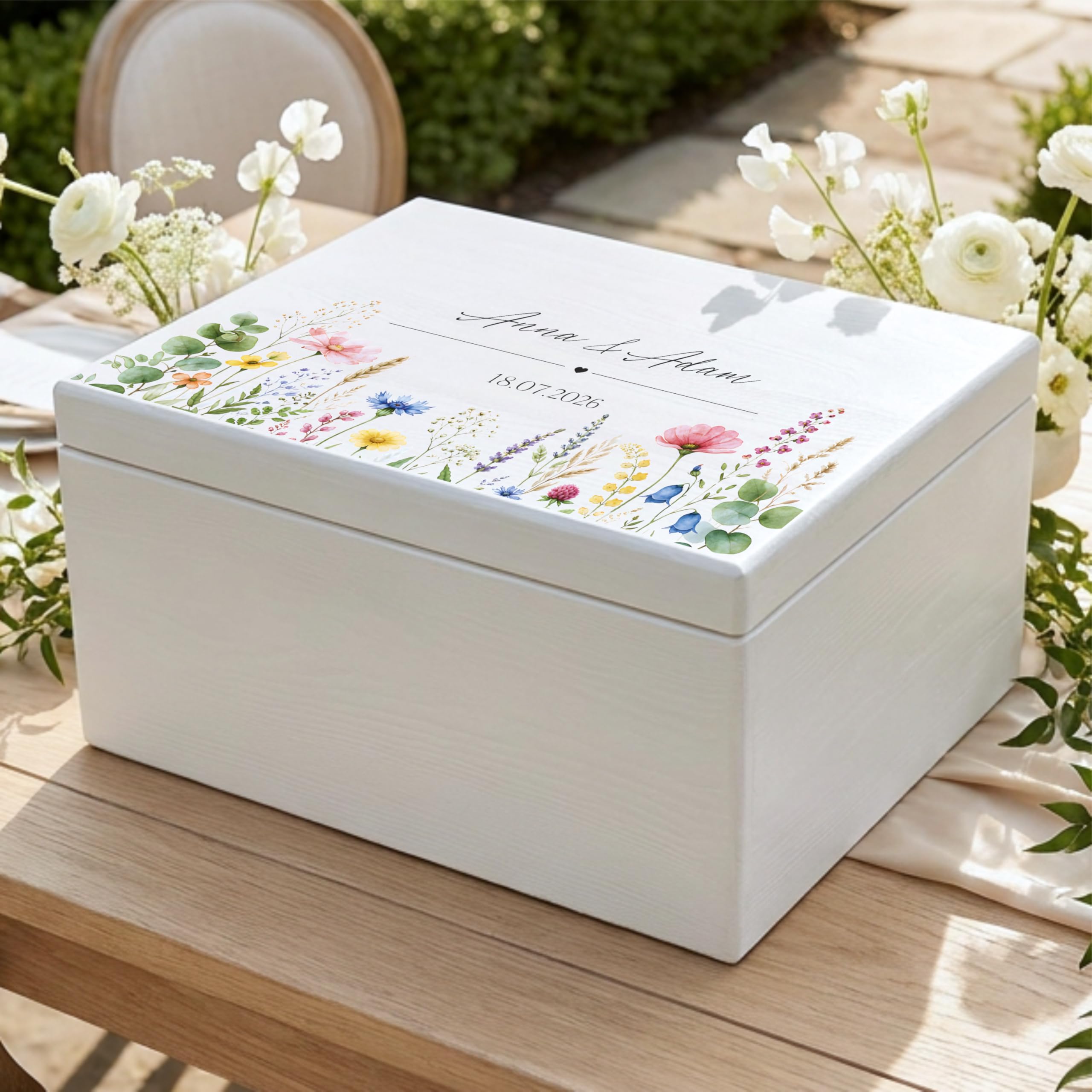 Creative DECO Personalizada Caja de Regalos Originales para los Novios Boda | Regalo Blanca | Caja Madera de Recuerdos Especiales | Parejas Aniversario Matrimonio | Motivo Flores Nombres Fecha