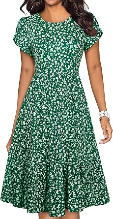 Lyrur Womens 2026 Summer Short Sleeve A-Line Midi Dresses Casual Flowy Floral Beach T-Shirt Dress with Pockets