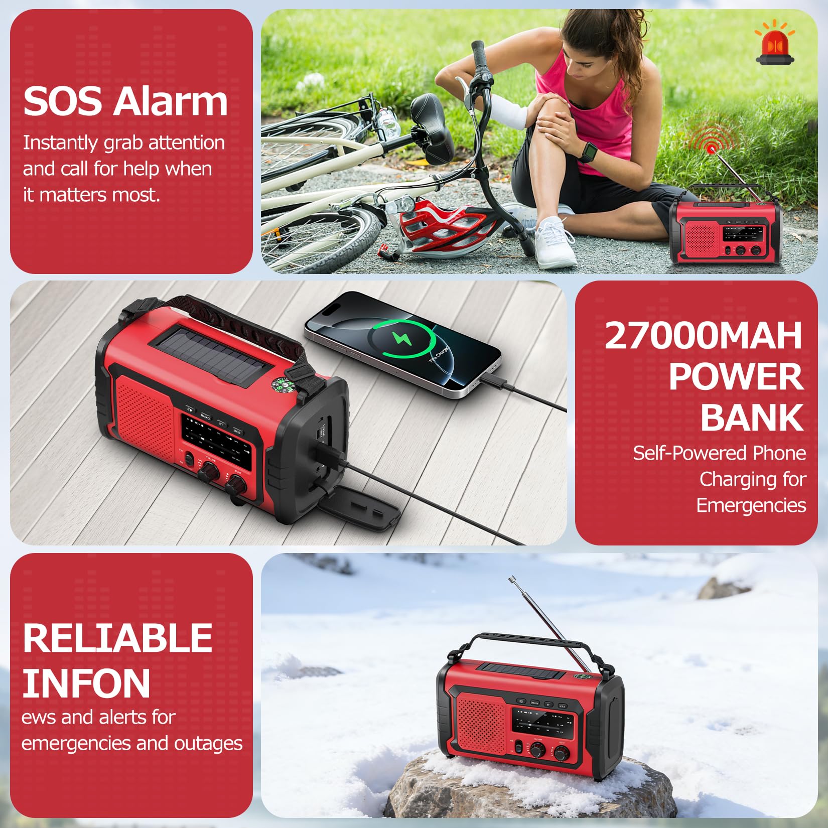 Kurbelradio 27000mAh, Notfallradio Solar Kurbel FM/AM Mit Bluetooth, SOS Alarm Emergency Radio, Kurbel Radio Mit Drahtlosen Lautsprechern und Kopfhöreranschluss (Armeegrün)