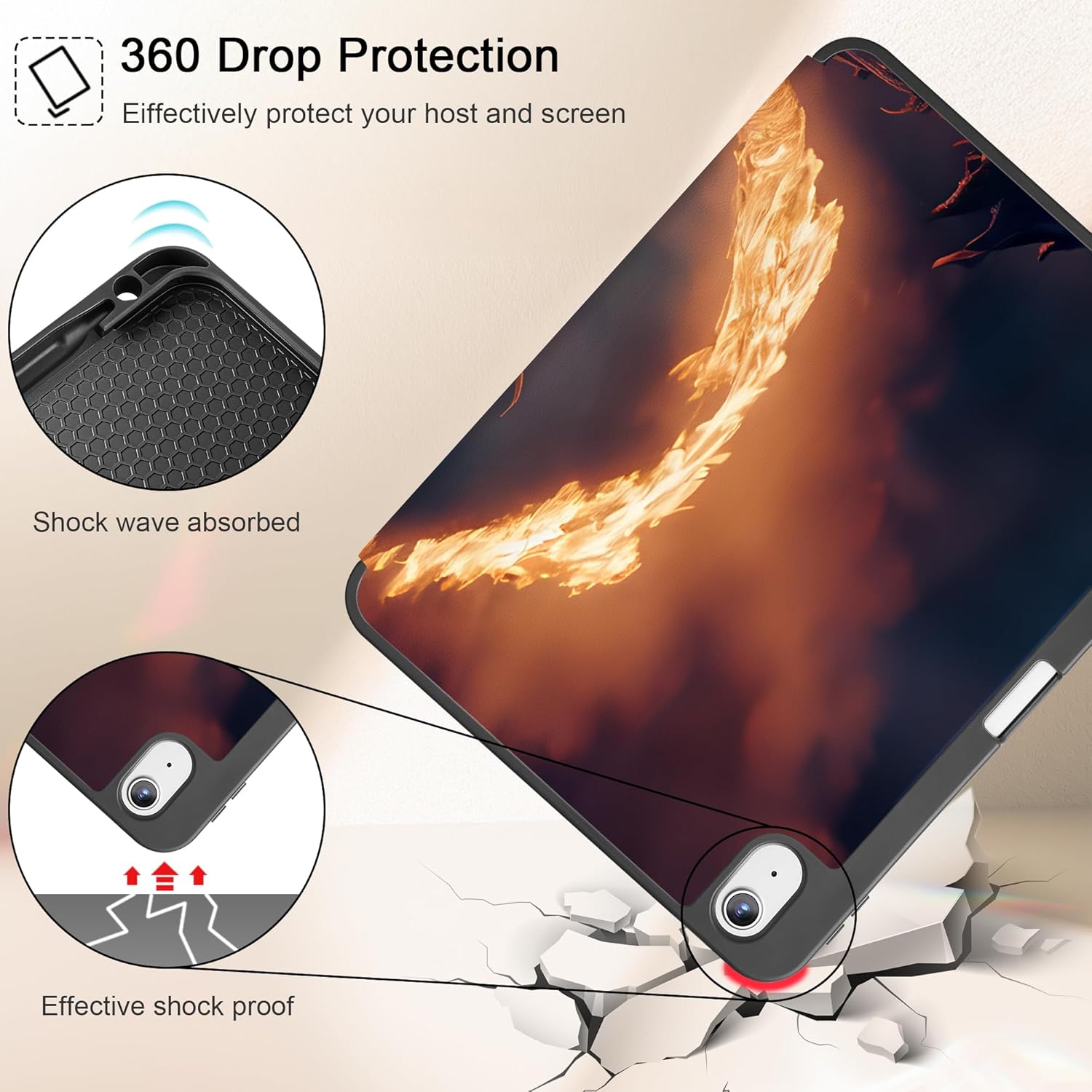 Tuiklol Case for iPad Air 11 inch (M3 2025/M2 2024) 7th/6th Gen/iPad Air 10.9 inch 5th/4th Gen 2022 2020 with Pencil Holder,Slim Protective Auto Sleep/Wake Trifold Stand Tablet Cover,Fire Dragon