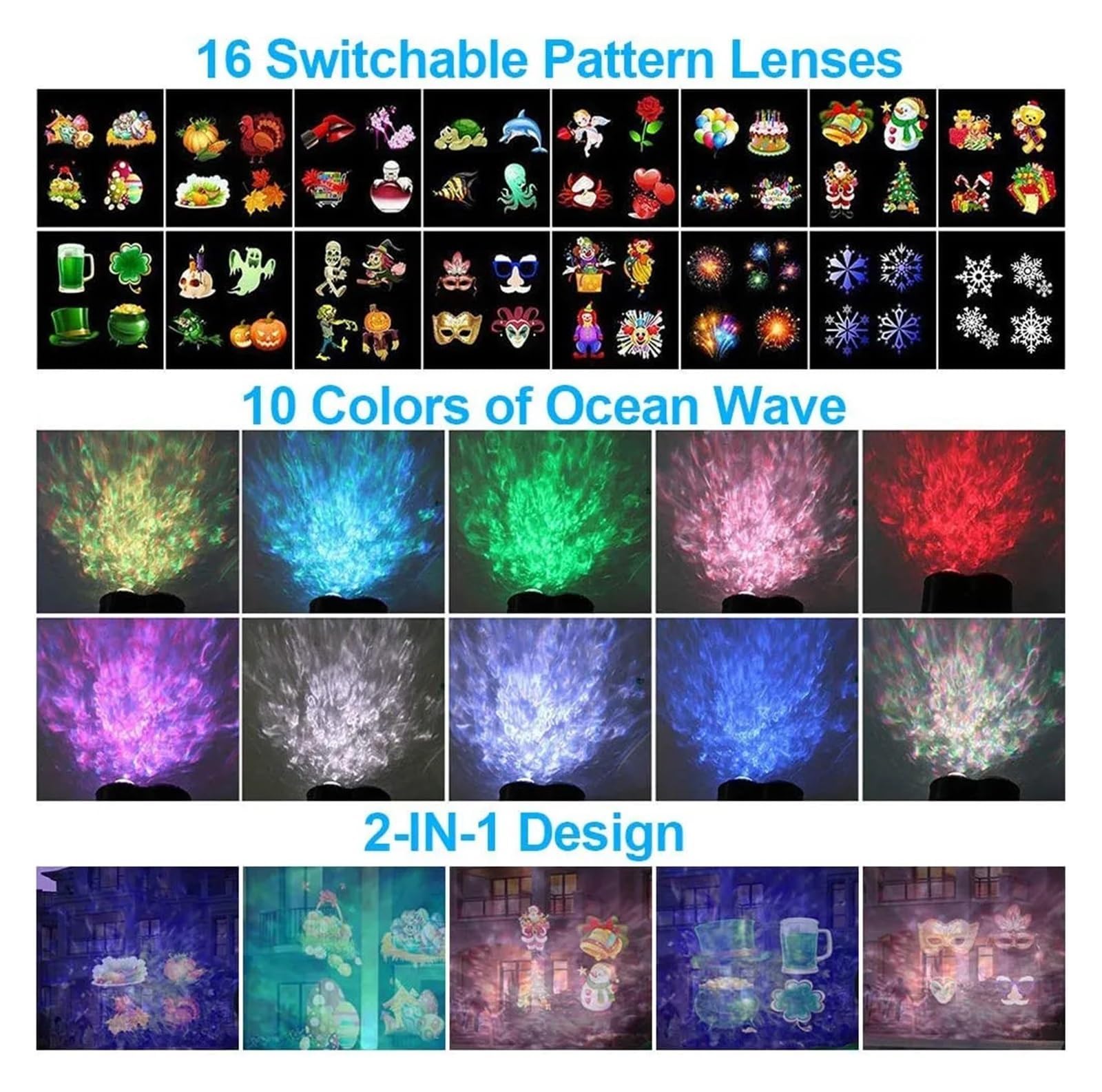 Projecteur à 16 motifs pour mariage, Nouvel An, vacances, jardin, paysage, décoration 2 en 1 LED, pour Halloween, Noël, projection de fenêtre, hologramme