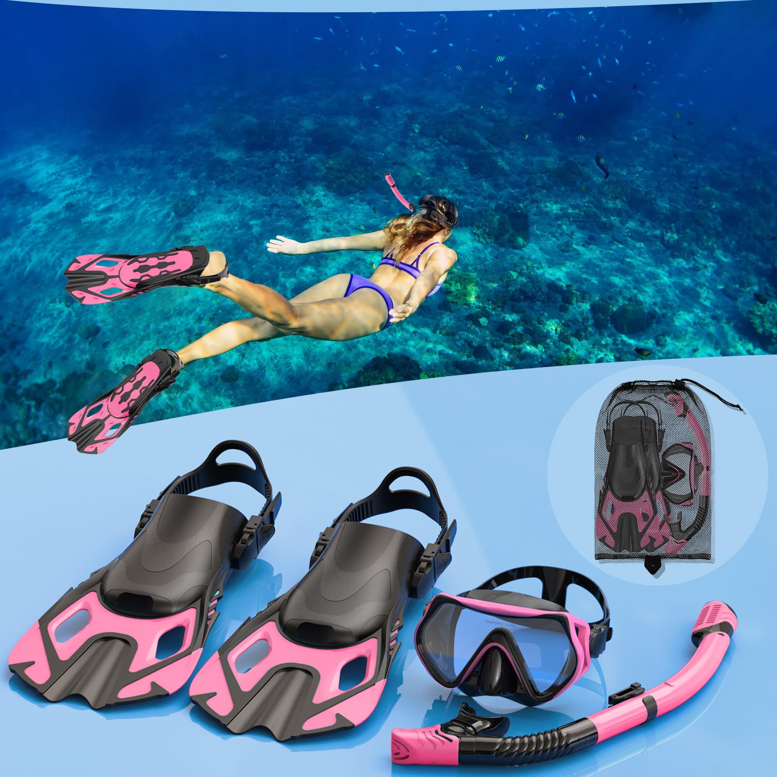 Equipo de esnórquel para adultos, juego de esnórquel de aleta de máscara, esnórquel de parte superior seca, kit de esnórquel, paquete de buceo de viaje, vista panorámica, antivaho, antifugas, rosa