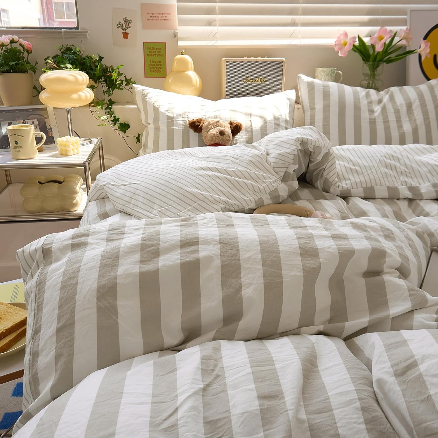 Brown Striped Duvet Cover Full Size Boho Pattern Comforter Cover Full Lightweight Stripe Dorm Room Farmhouse Duvet Cover Set with Pillowcases Teen Boy Bedding Washed Microfiber Duvet Protector
