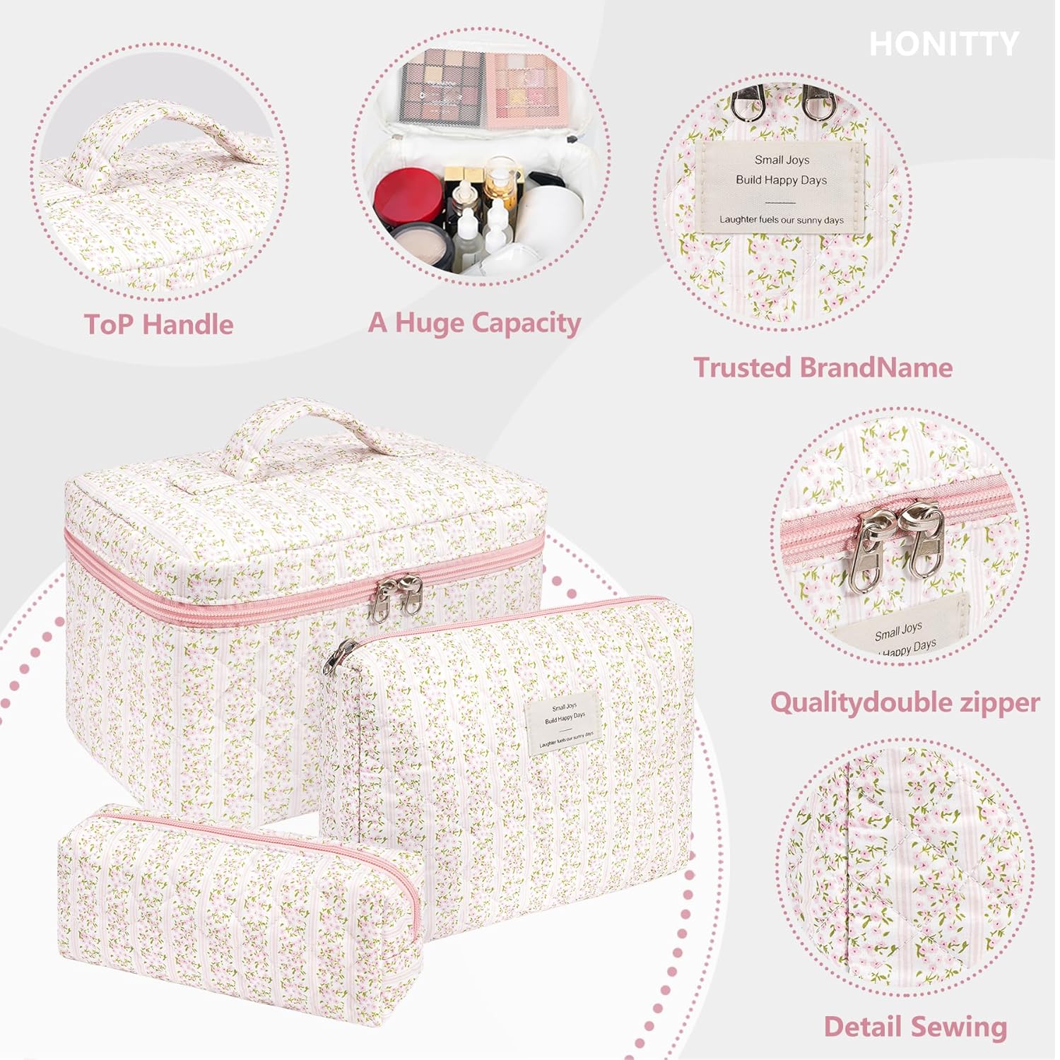 Makeup Bag,Quilted Cosmetic Bags,Large Floral Make Up Organize bag,Makeup Bag Set for Women,Flower Travel Toiletry Bag - Image 3